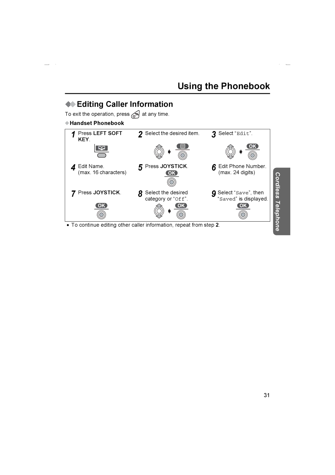 Panasonic KX-TCD510AL operating instructions Editing Caller Information, Handset Phonebook Press Left Soft 