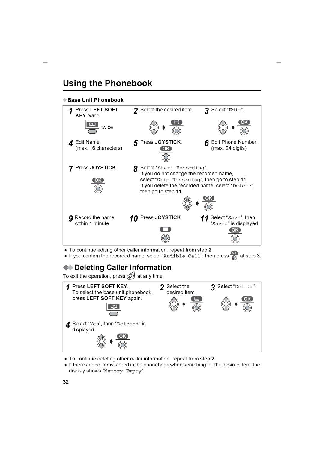 Panasonic KX-TCD510AL Deleting Caller Information, Base Unit Phonebook Press Left Soft, Select Start Recording 