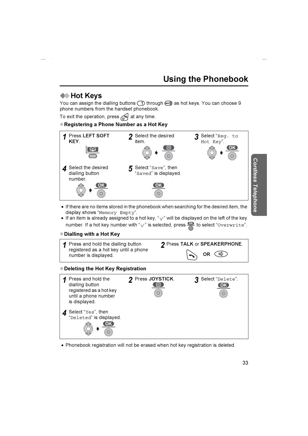 Panasonic KX-TCD510AL Hot Keys, Registering a Phone Number as a Hot Key Press Left Soft, Dialling with a Hot Key 