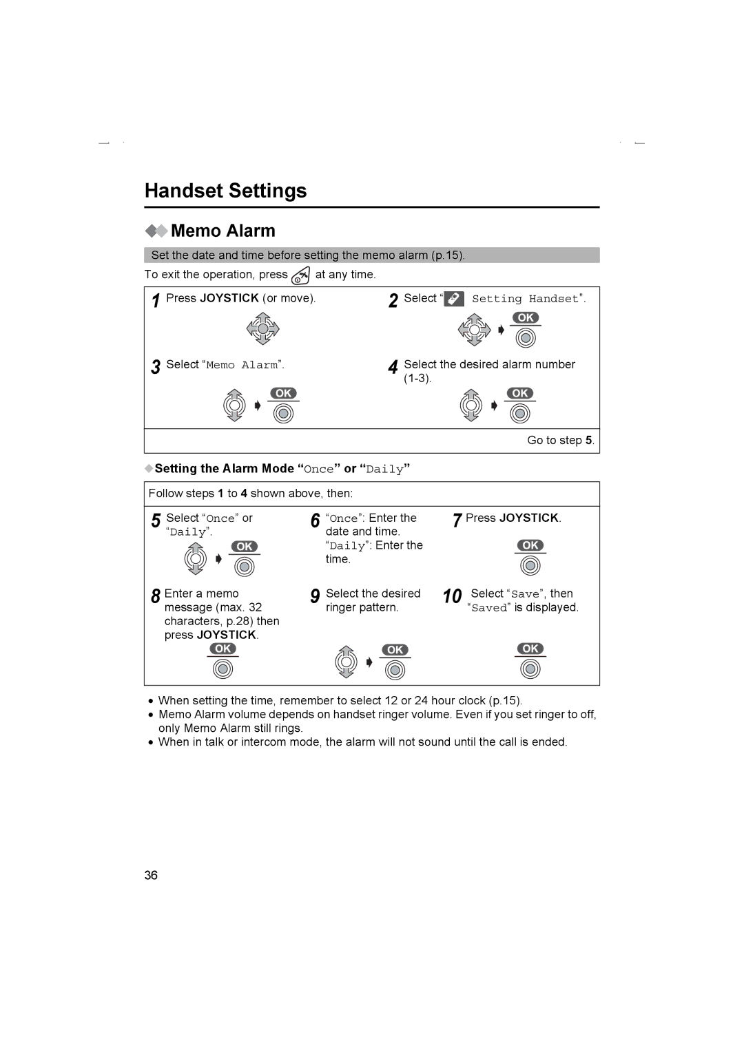 Panasonic KX-TCD510AL operating instructions Handset Settings, Memo Alarm, Setting the Alarm Mode Once or Daily 