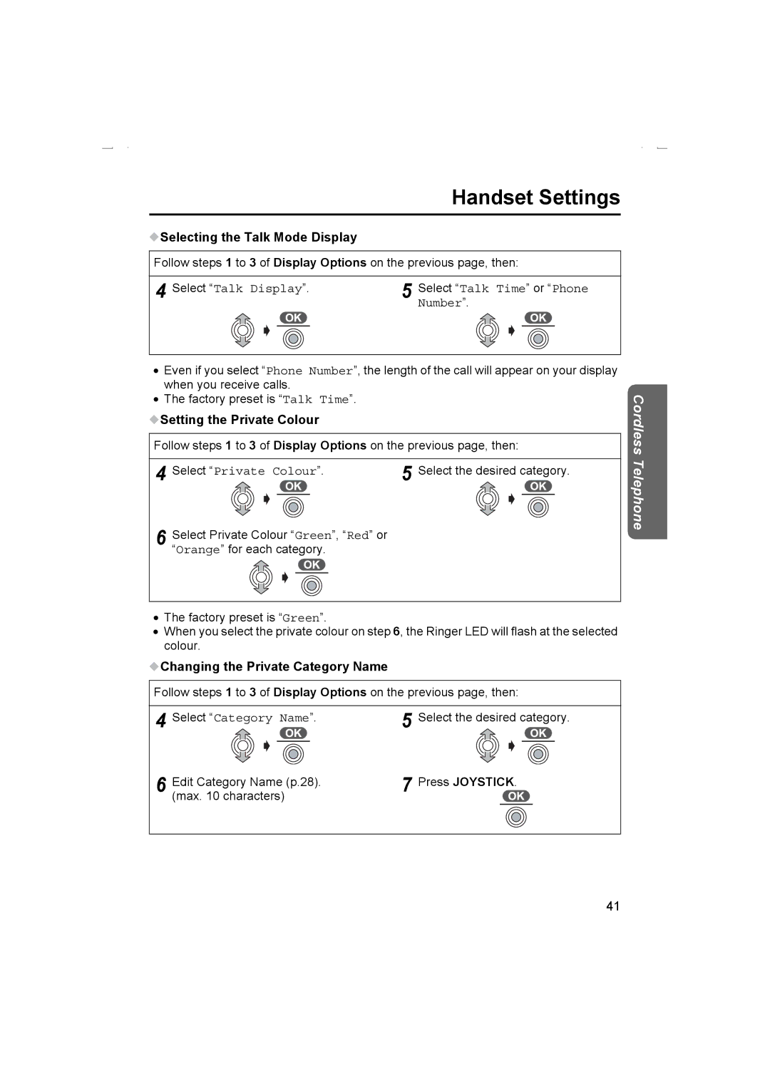 Panasonic KX-TCD510AL Selecting the Talk Mode Display, Setting the Private Colour, Changing the Private Category Name 