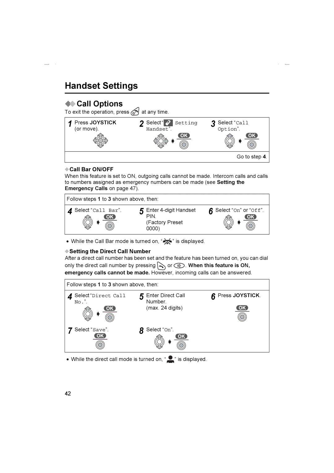 Panasonic KX-TCD510AL Call Options, Call Bar ON/OFF, Setting the Direct Call Number, Select Direct Call 