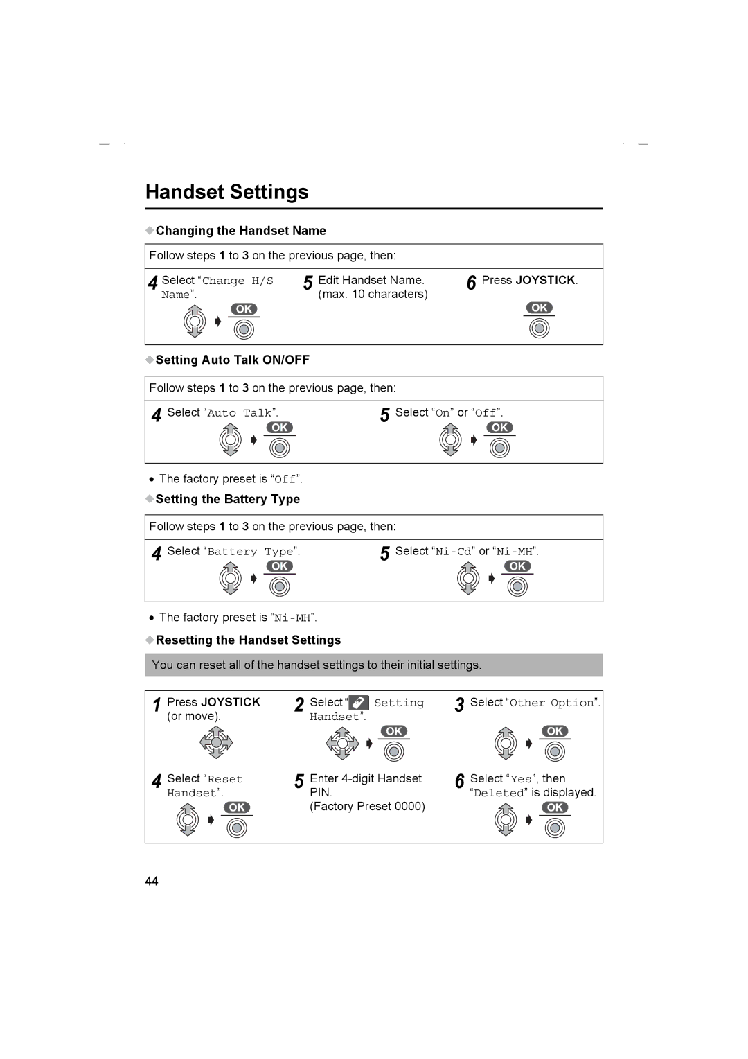 Panasonic KX-TCD510AL operating instructions Changing the Handset Name, Setting Auto Talk ON/OFF, Setting the Battery Type 