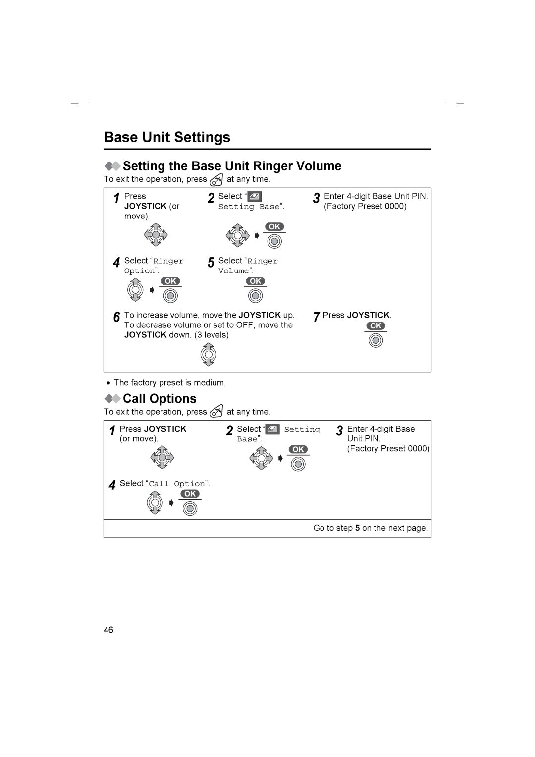 Panasonic KX-TCD510AL operating instructions Base Unit Settings, Setting the Base Unit Ringer Volume, Joystick or 