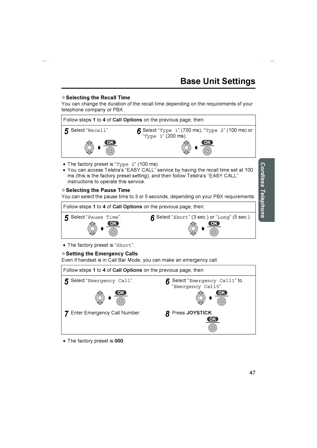 Panasonic KX-TCD510AL Selecting the Recall Time, Selecting the Pause Time, Setting the Emergency Calls, Emergency Call5 