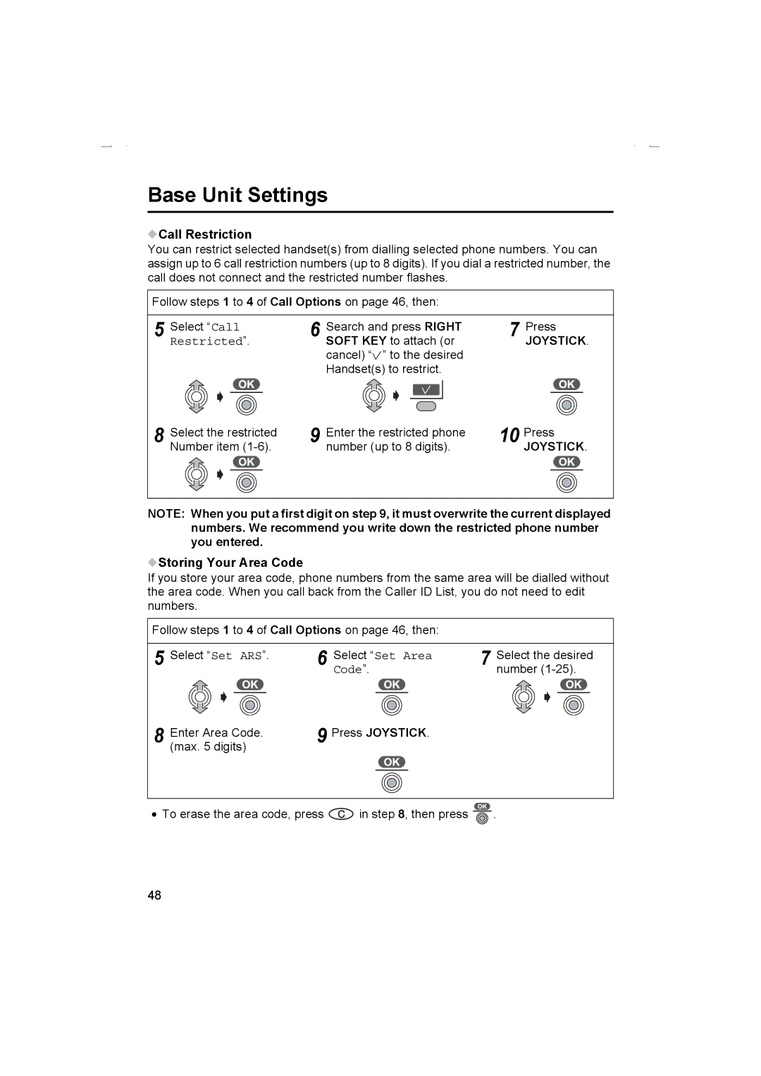 Panasonic KX-TCD510AL operating instructions Call Restriction, Restricted, PressJOYSTICK Storing Your Area Code 