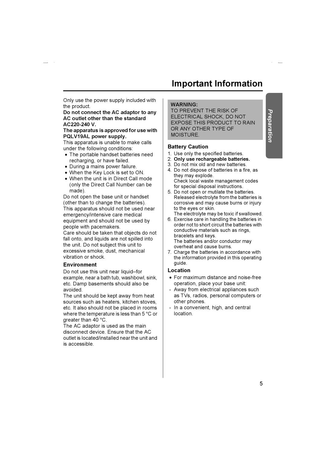 Panasonic KX-TCD510AL operating instructions Important Information, Environment, Battery Caution, Location 