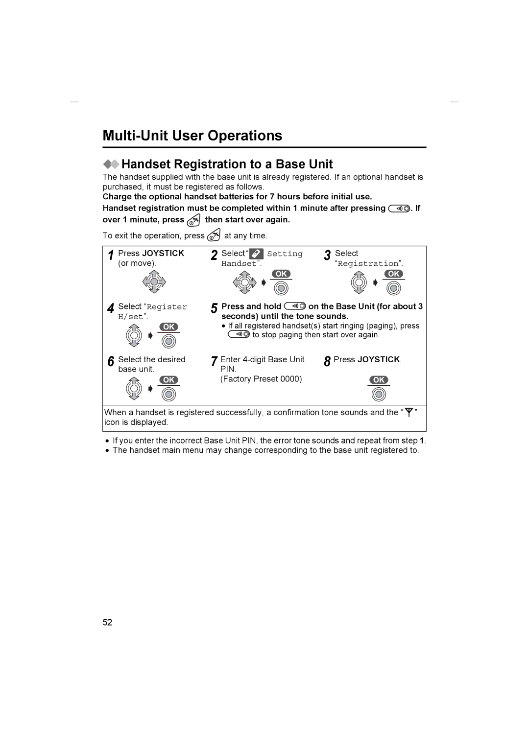 Panasonic KX-TCD510AL operating instructions Handset Registration to a Base Unit, Press Joystick 