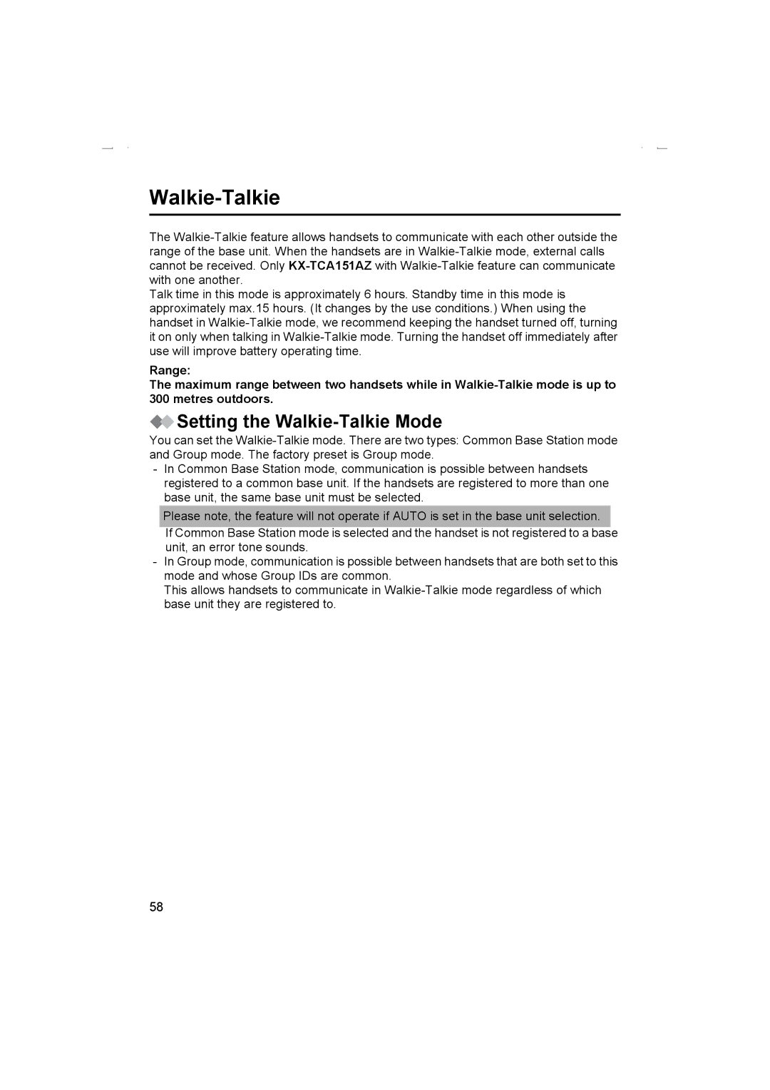 Panasonic KX-TCD510AL operating instructions Setting the Walkie-Talkie Mode 