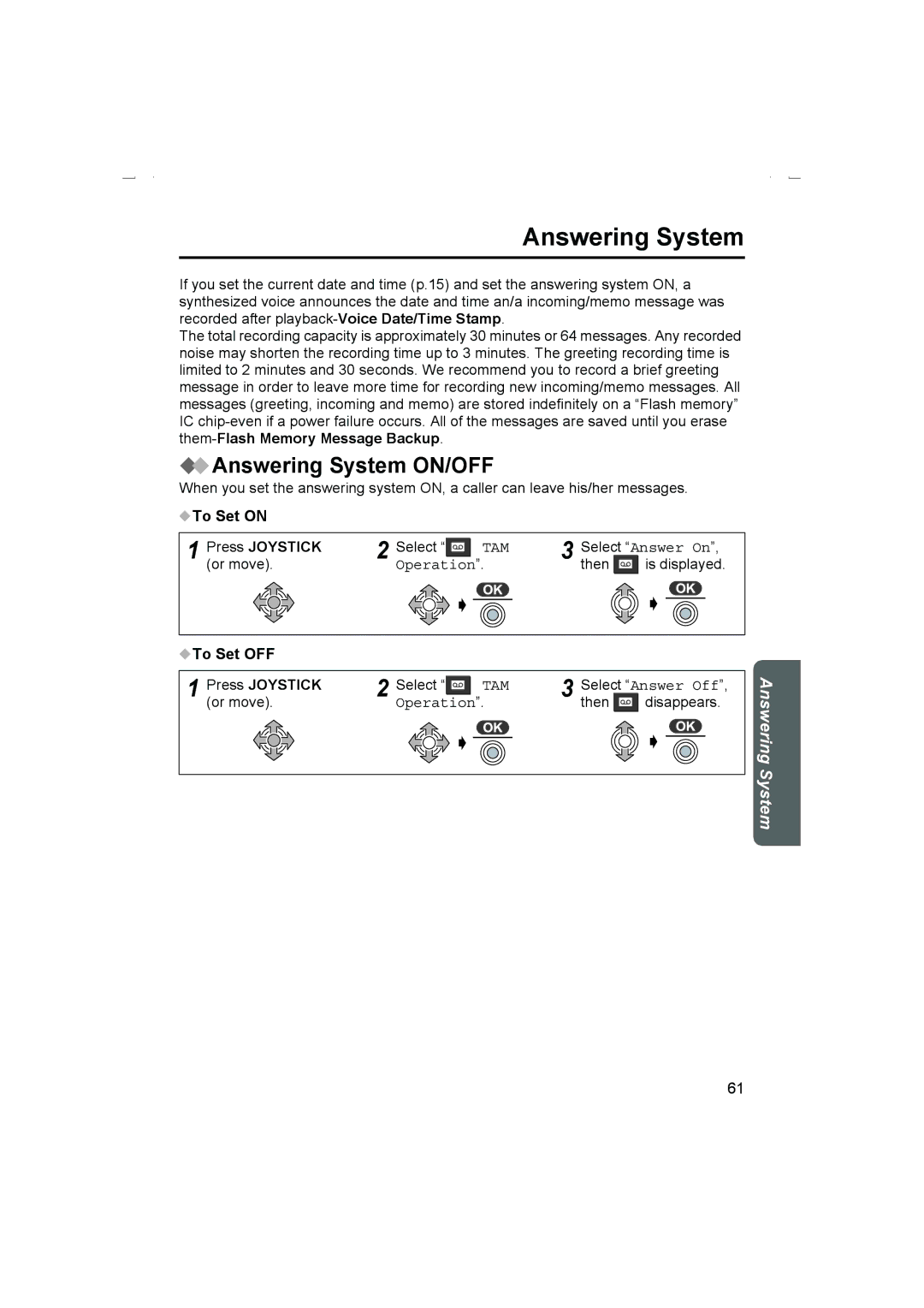 Panasonic KX-TCD510AL Answering System ON/OFF, To Set on Press Joystick, To Set OFF Press Joystick 