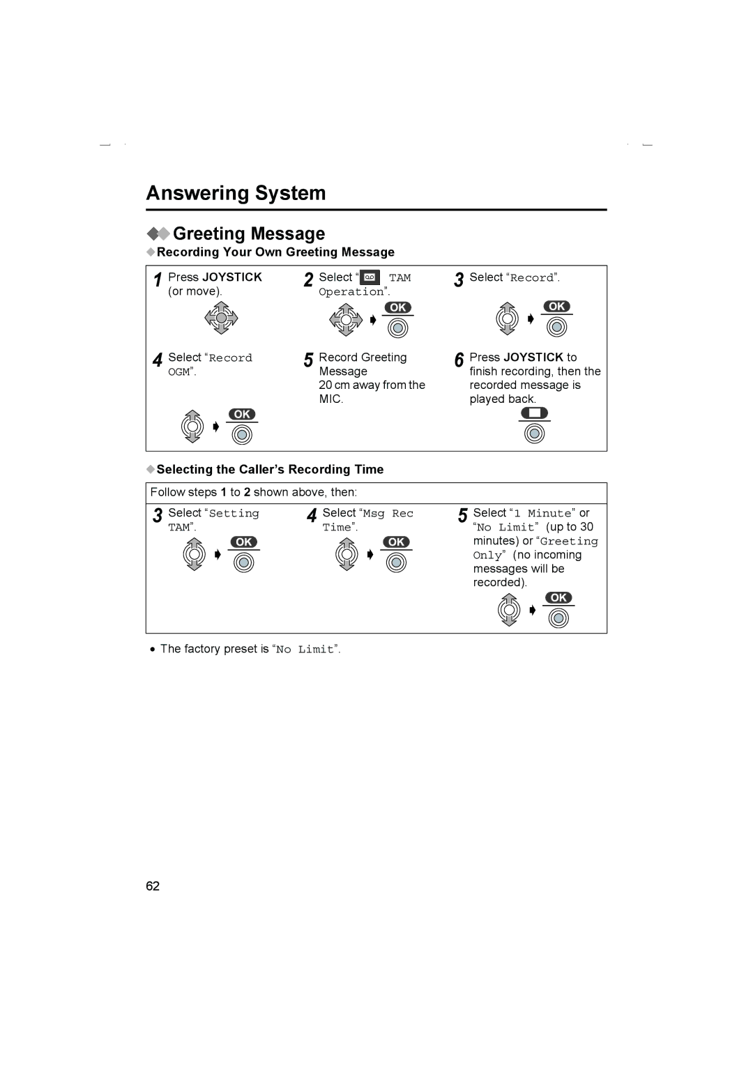 Panasonic KX-TCD510AL Recording Your Own Greeting Message Press Joystick, Ogm, Selecting the Caller’s Recording Time 