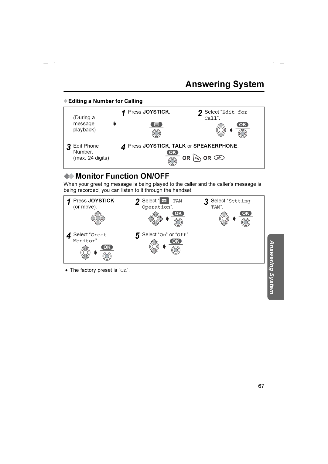 Panasonic KX-TCD510AL Monitor Function ON/OFF, Editing a Number for Calling Press Joystick, Operation TAM 