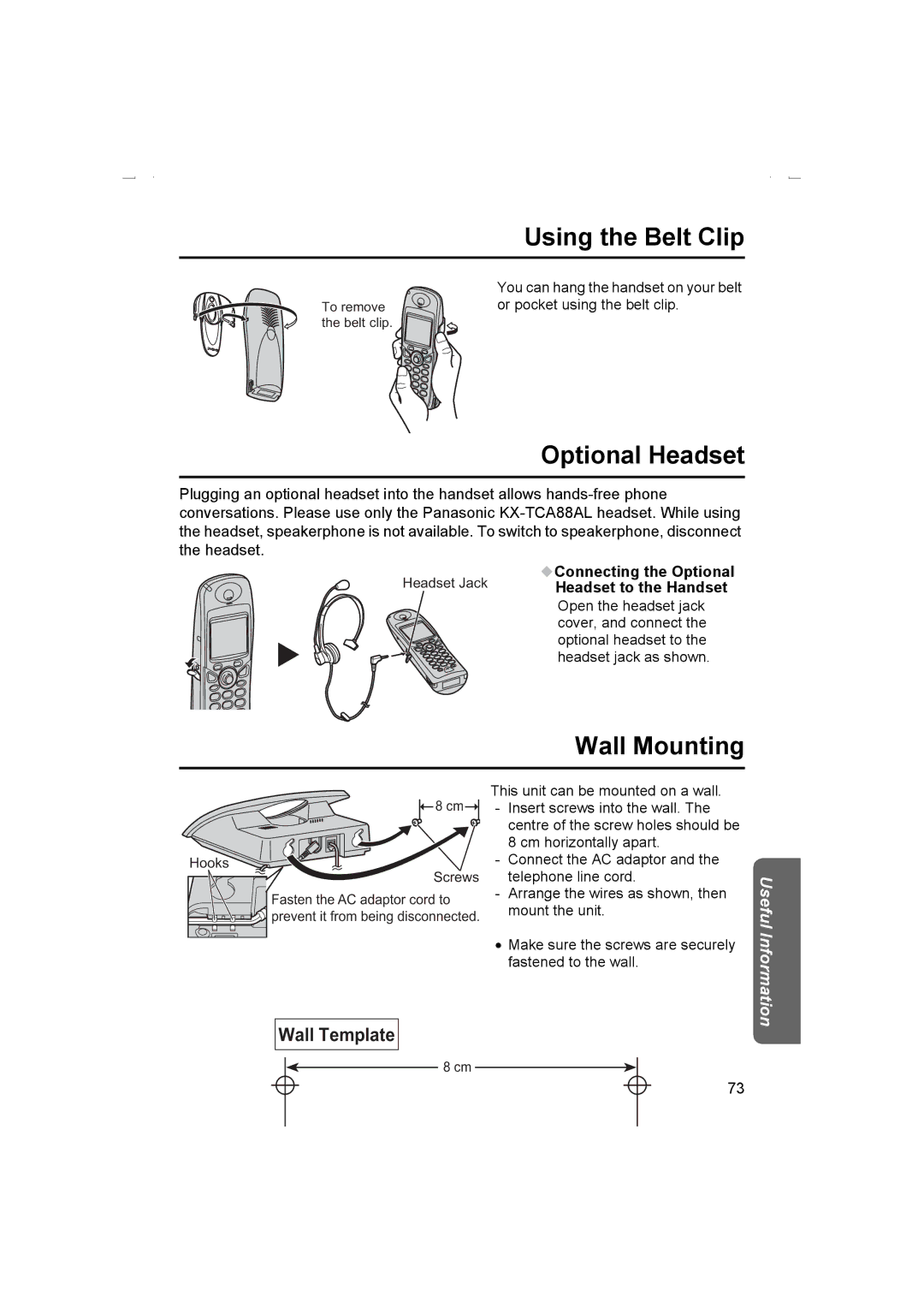 Panasonic KX-TCD510AL operating instructions Using the Belt Clip, Optional Headset, Wall Mounting, Connecting the Optional 