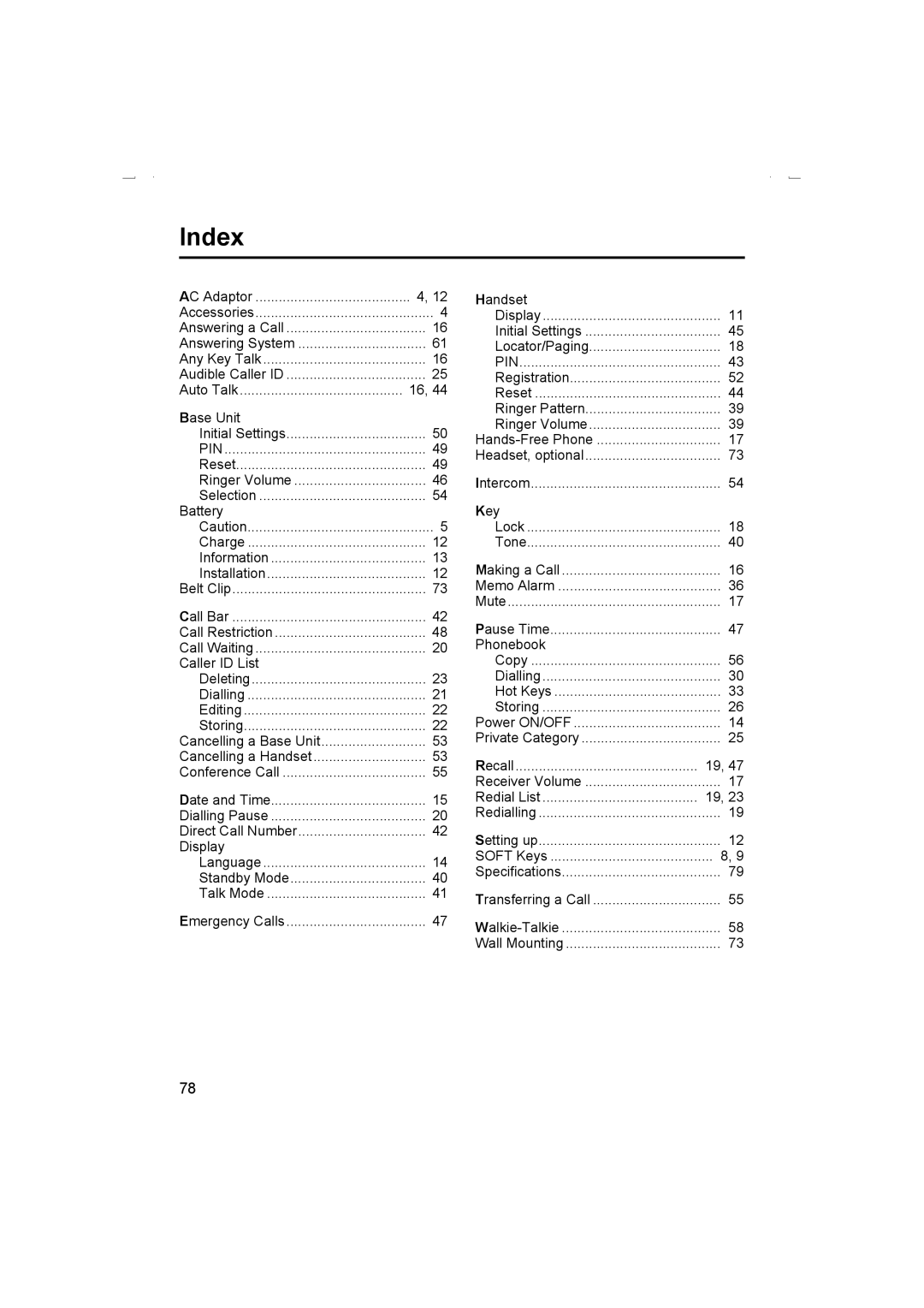 Panasonic KX-TCD510AL operating instructions Index, Pin 