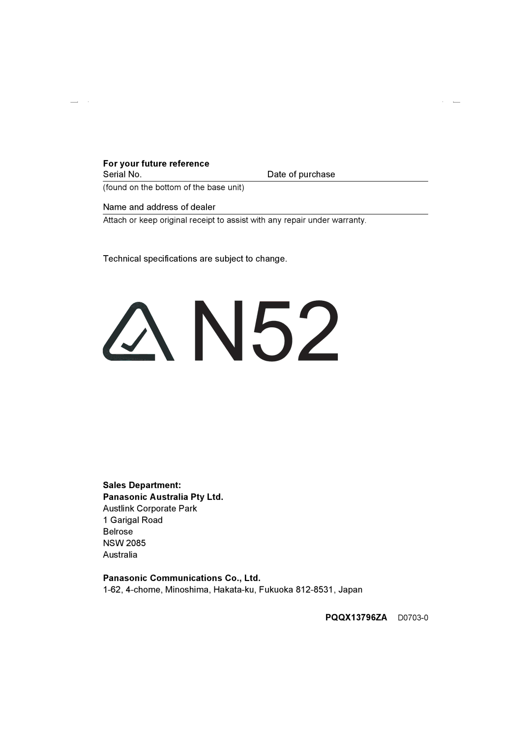 Panasonic KX-TCD510AL operating instructions For your future reference, Sales Department, PQQX13796ZA D0703-0 