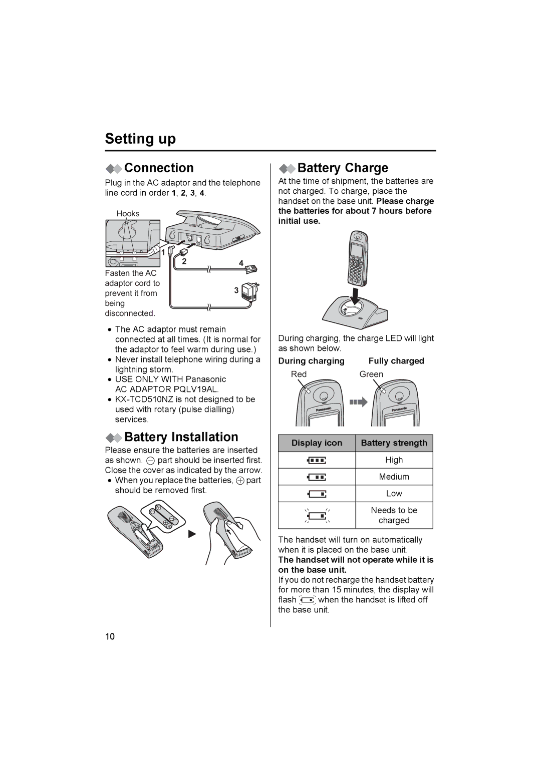 Panasonic KX-TCD510NZ operating instructions Setting up, Connection, Battery Installation, Battery Charge 