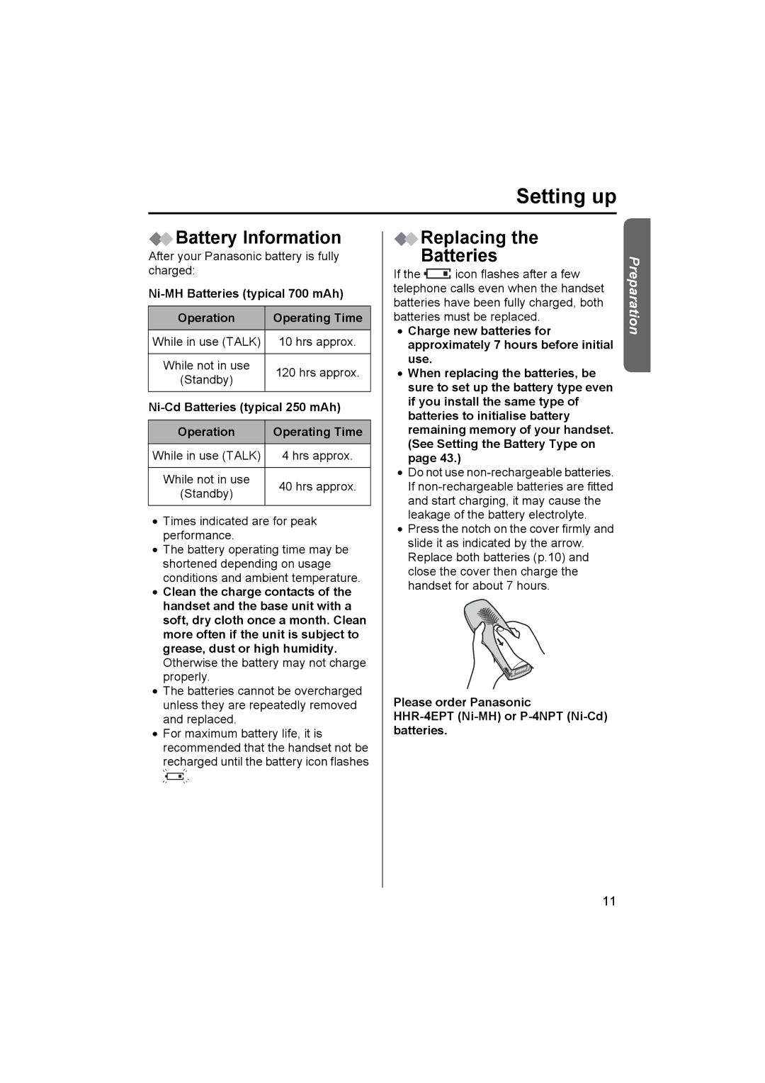 Panasonic KX-TCD510NZ Battery Information, Replacing Batteries, Ni-MH Batteries typical 700 mAh Operation Operating Time 