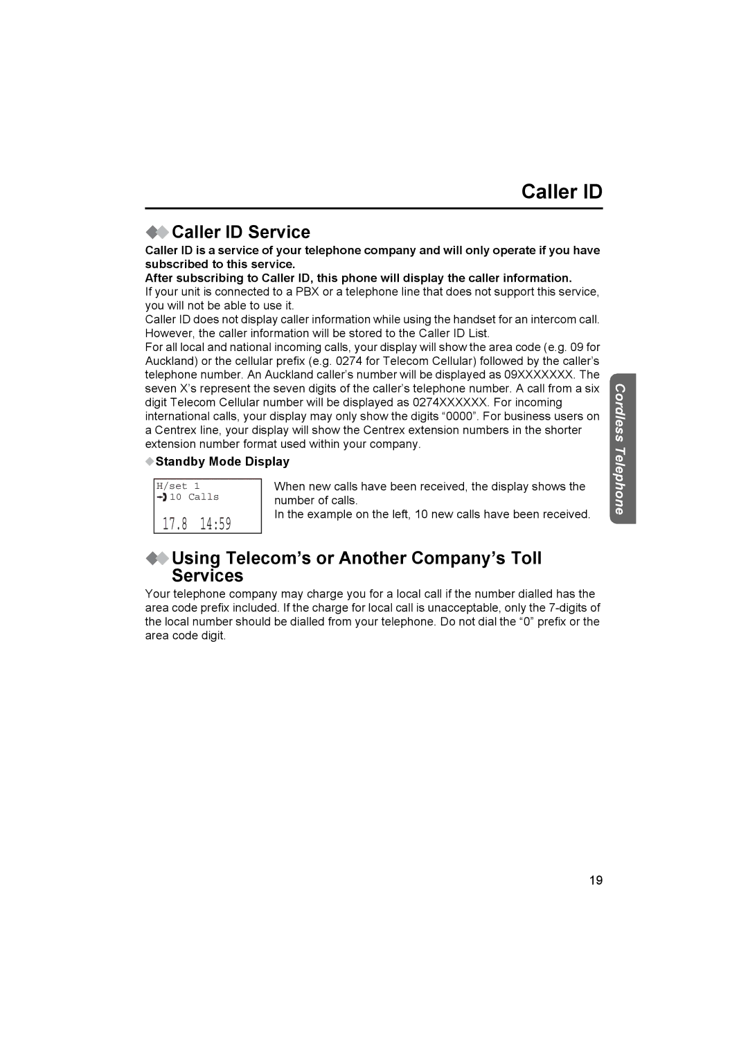 Panasonic KX-TCD510NZ Caller ID Service, Using Telecom’s or Another Company’s Toll Services, Standby Mode Display 