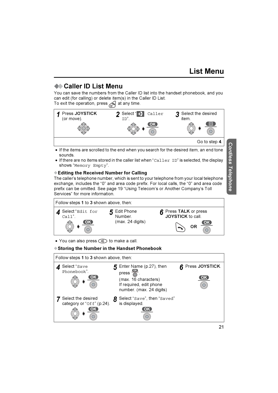 Panasonic KX-TCD510NZ Caller ID List Menu, Editing the Received Number for Calling, Joystick to call 