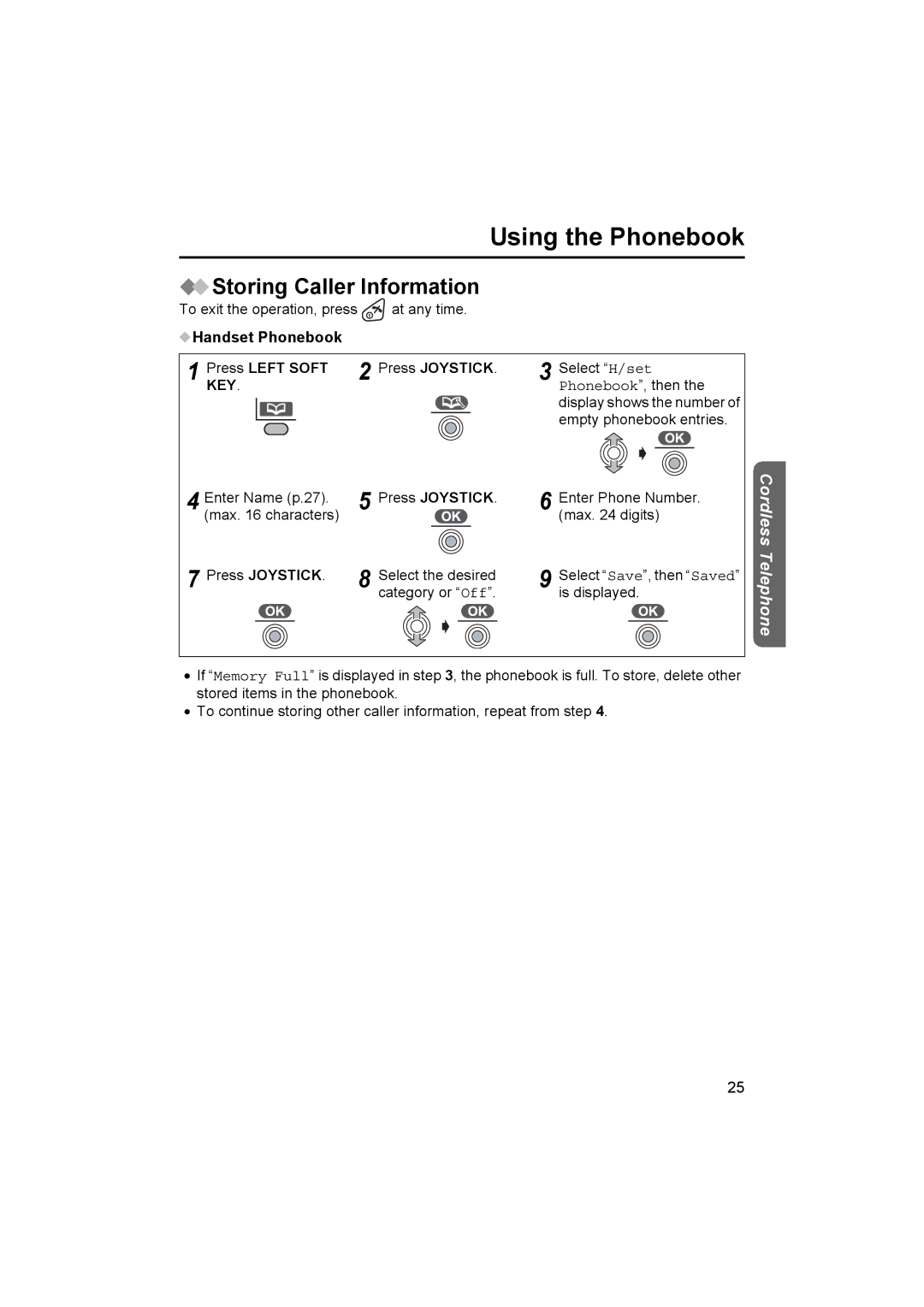 Panasonic KX-TCD510NZ operating instructions Storing Caller Information, Handset Phonebook Press Left Soft Press Joystick 