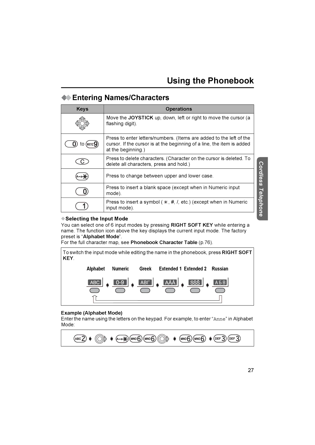 Panasonic KX-TCD510NZ Entering Names/Characters, Keys Operations, Selecting the Input Mode, Alphabet Numeric 