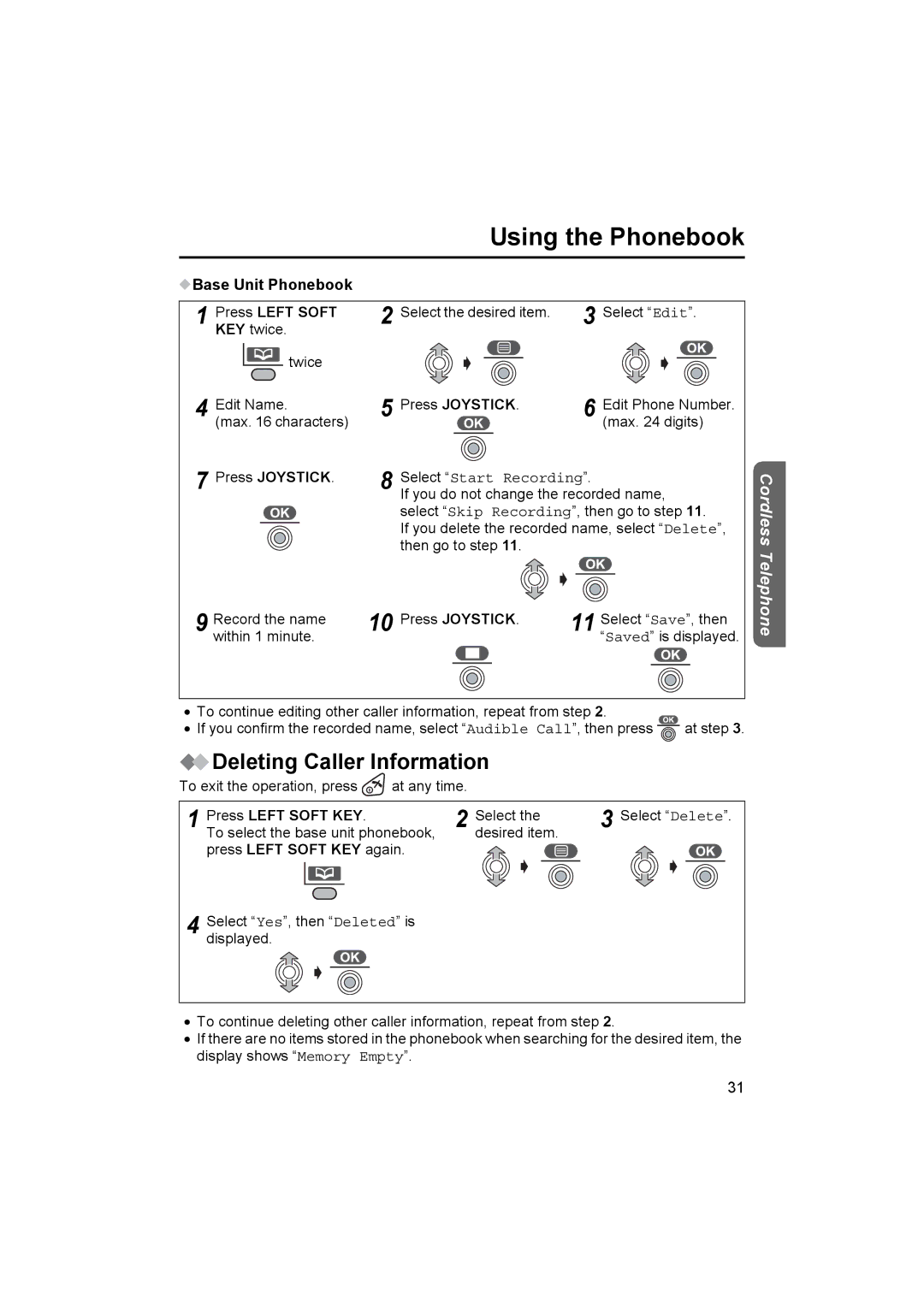 Panasonic KX-TCD510NZ Deleting Caller Information, Base Unit Phonebook Press Left Soft, Select Start Recording 