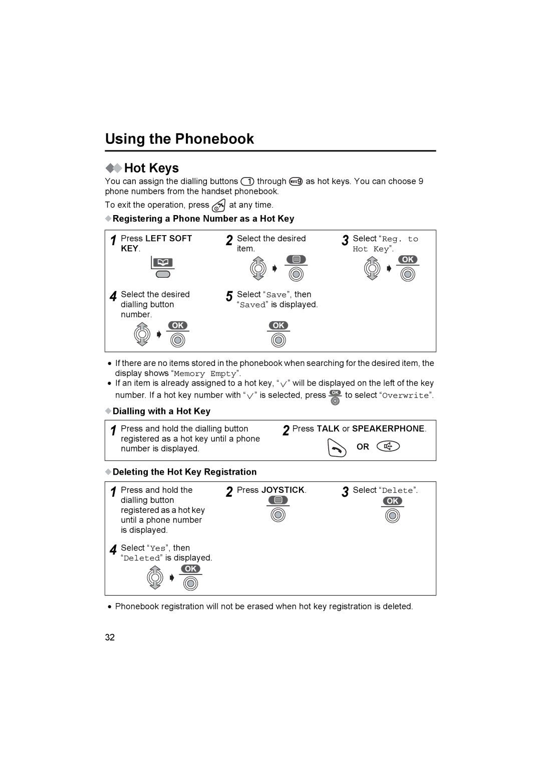 Panasonic KX-TCD510NZ Hot Keys, Registering a Phone Number as a Hot Key Press Left Soft, Dialling with a Hot Key 