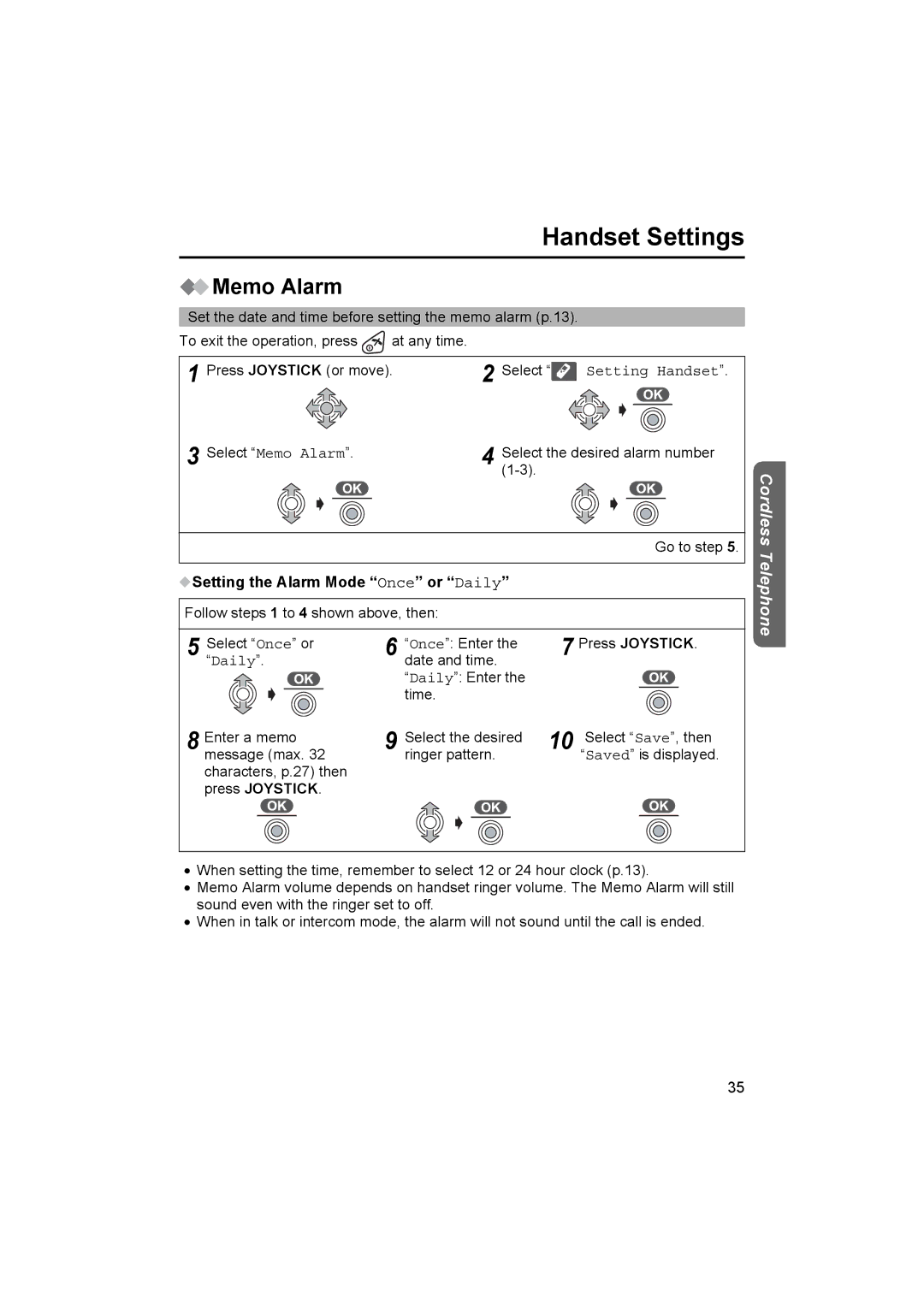 Panasonic KX-TCD510NZ operating instructions Handset Settings, Memo Alarm, Setting the Alarm Mode Once or Daily 