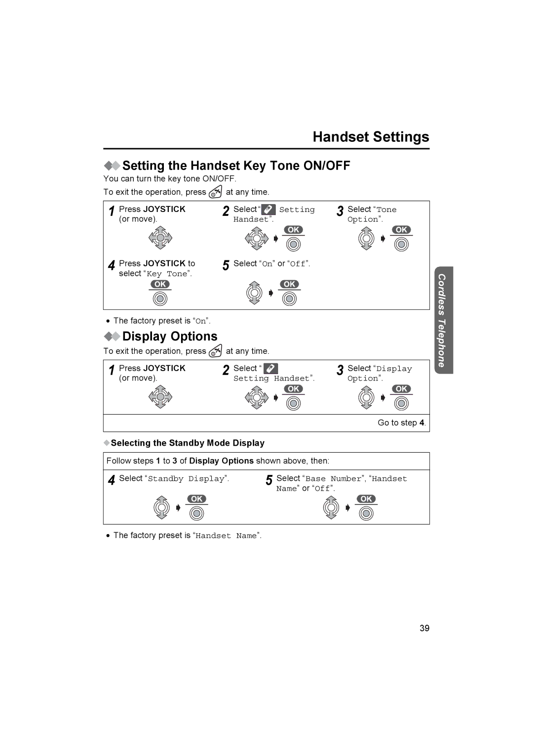 Panasonic KX-TCD510NZ operating instructions Setting the Handset Key Tone ON/OFF, Display Options, Press Joystick to 