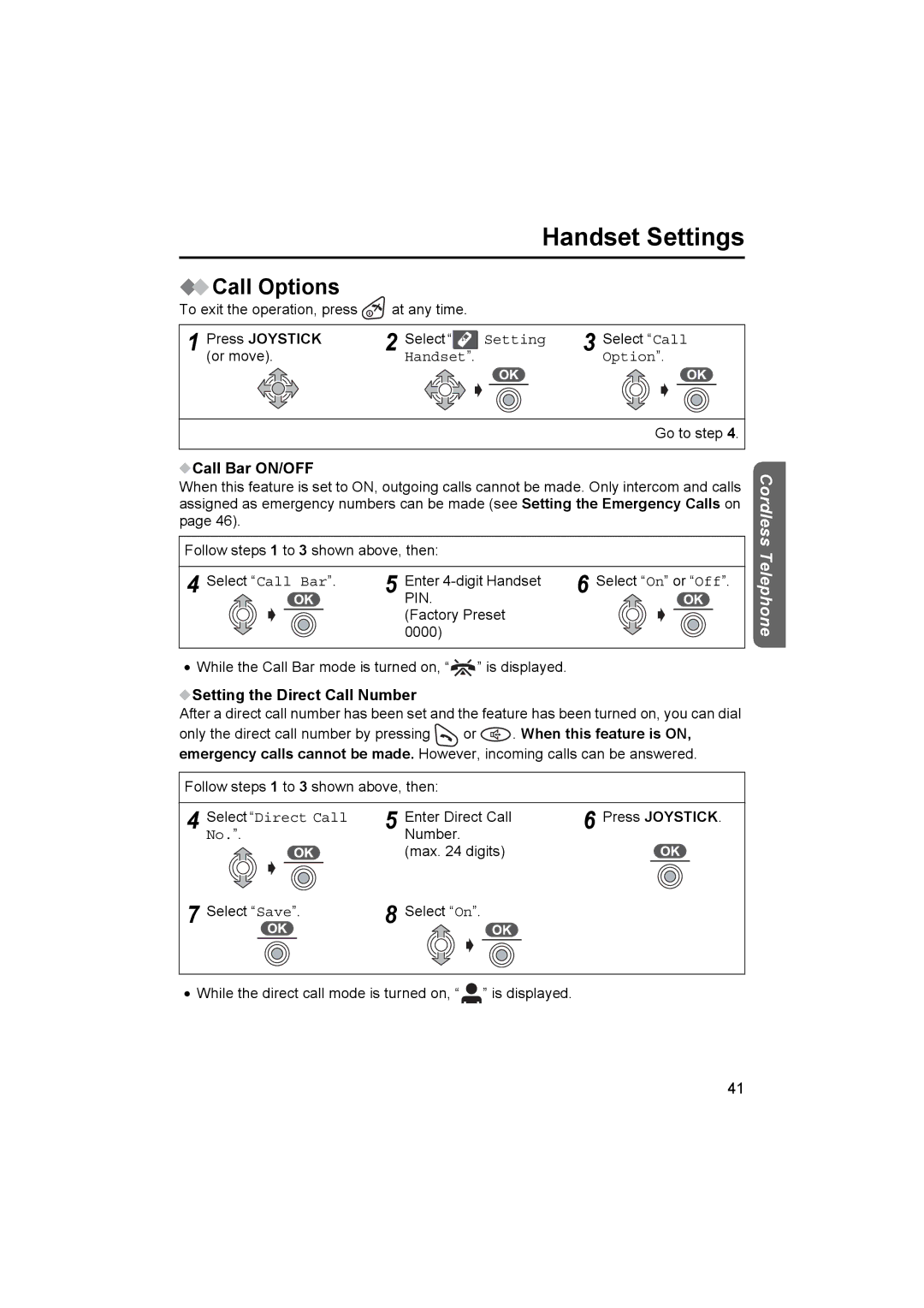 Panasonic KX-TCD510NZ Call Options, Call Bar ON/OFF, Setting the Direct Call Number, Select Direct Call 