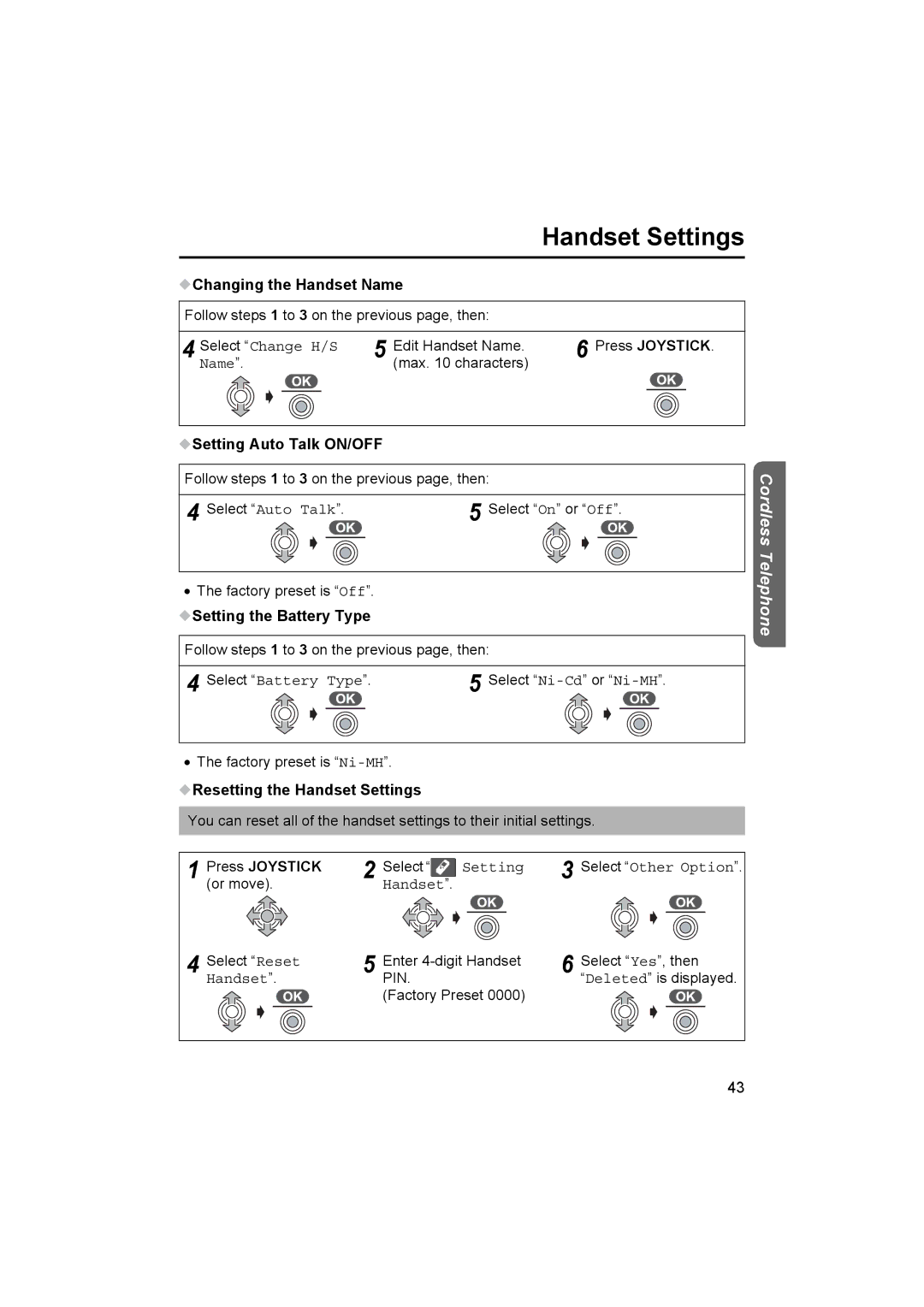 Panasonic KX-TCD510NZ operating instructions Changing the Handset Name, Setting Auto Talk ON/OFF, Setting the Battery Type 