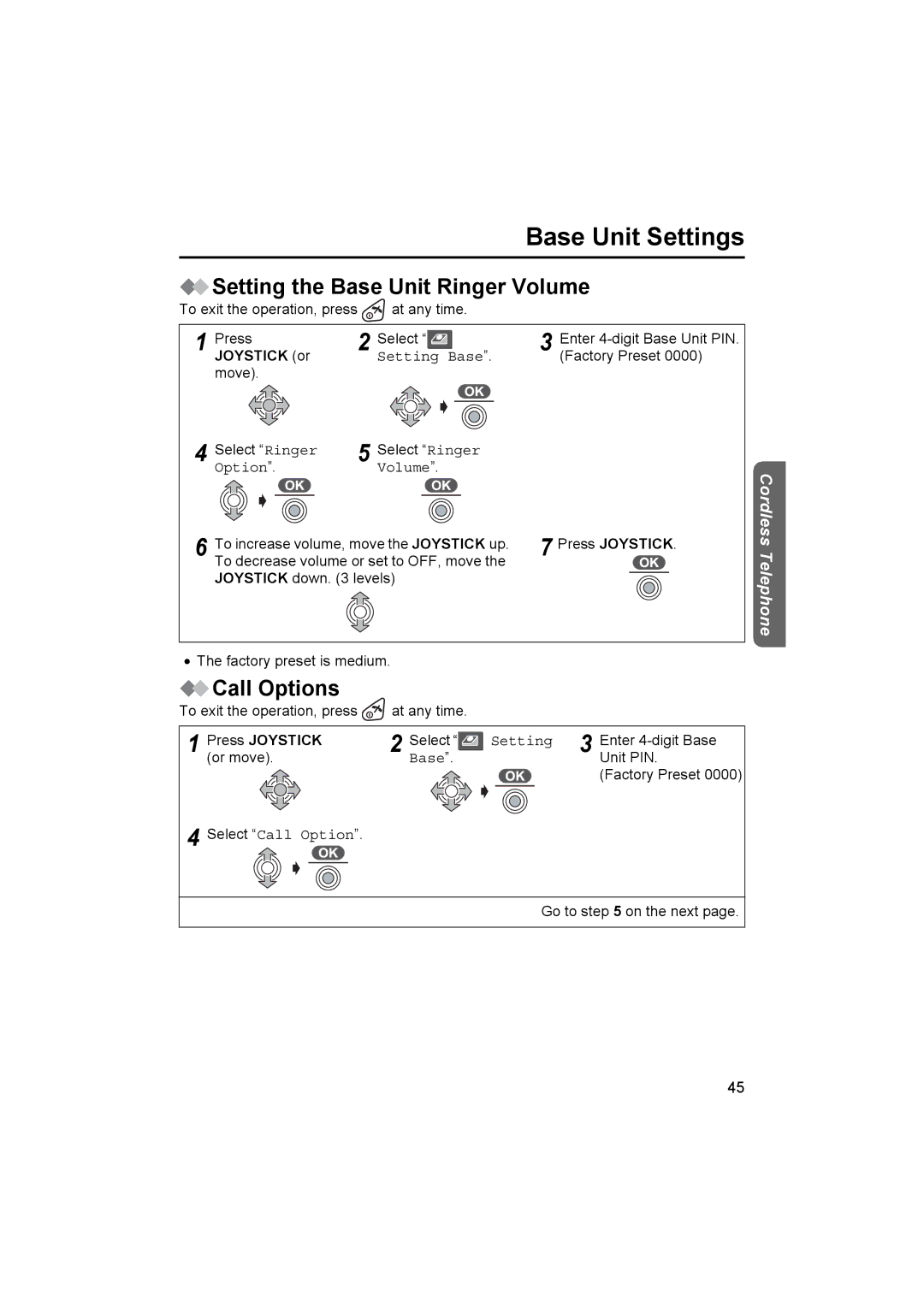 Panasonic KX-TCD510NZ operating instructions Base Unit Settings, Setting the Base Unit Ringer Volume, Joystick or 