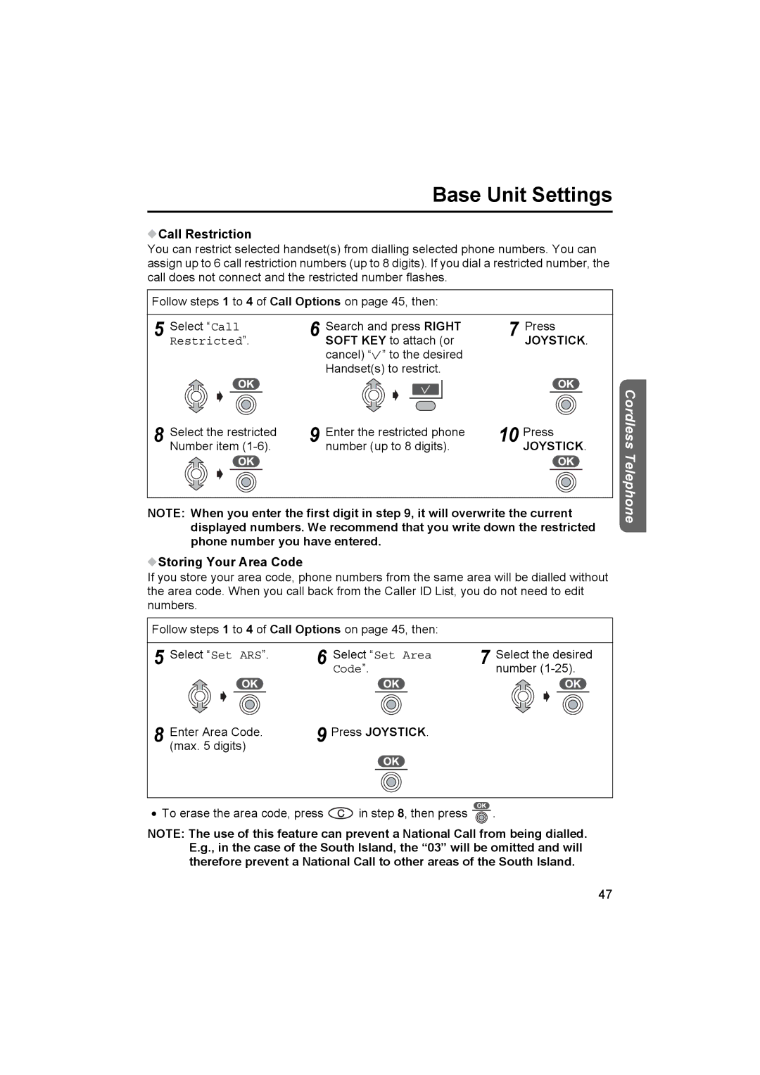 Panasonic KX-TCD510NZ operating instructions Call Restriction, Restricted, PressJOYSTICK, Storing Your Area Code 