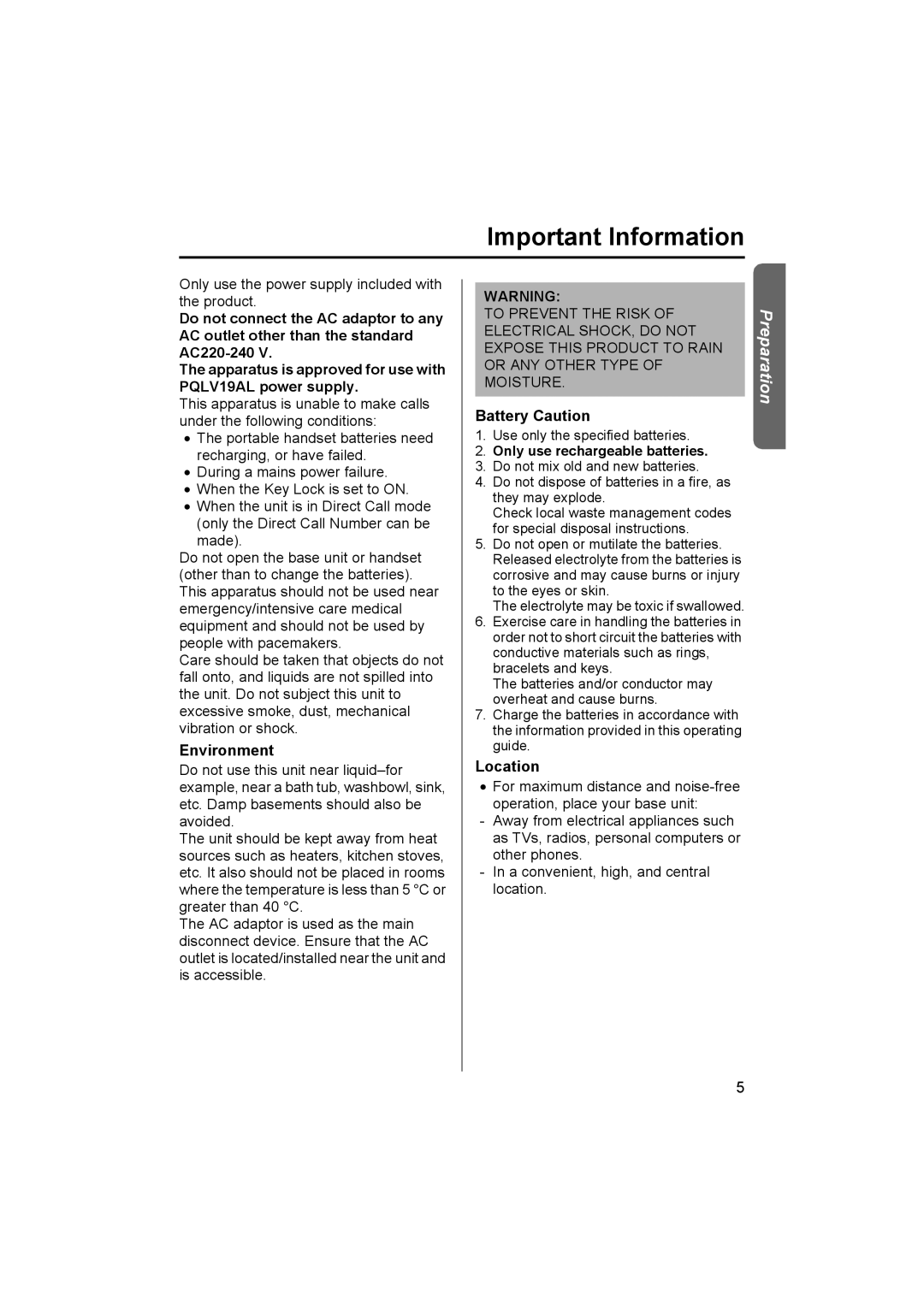 Panasonic KX-TCD510NZ operating instructions Important Information, Environment, Battery Caution, Location 