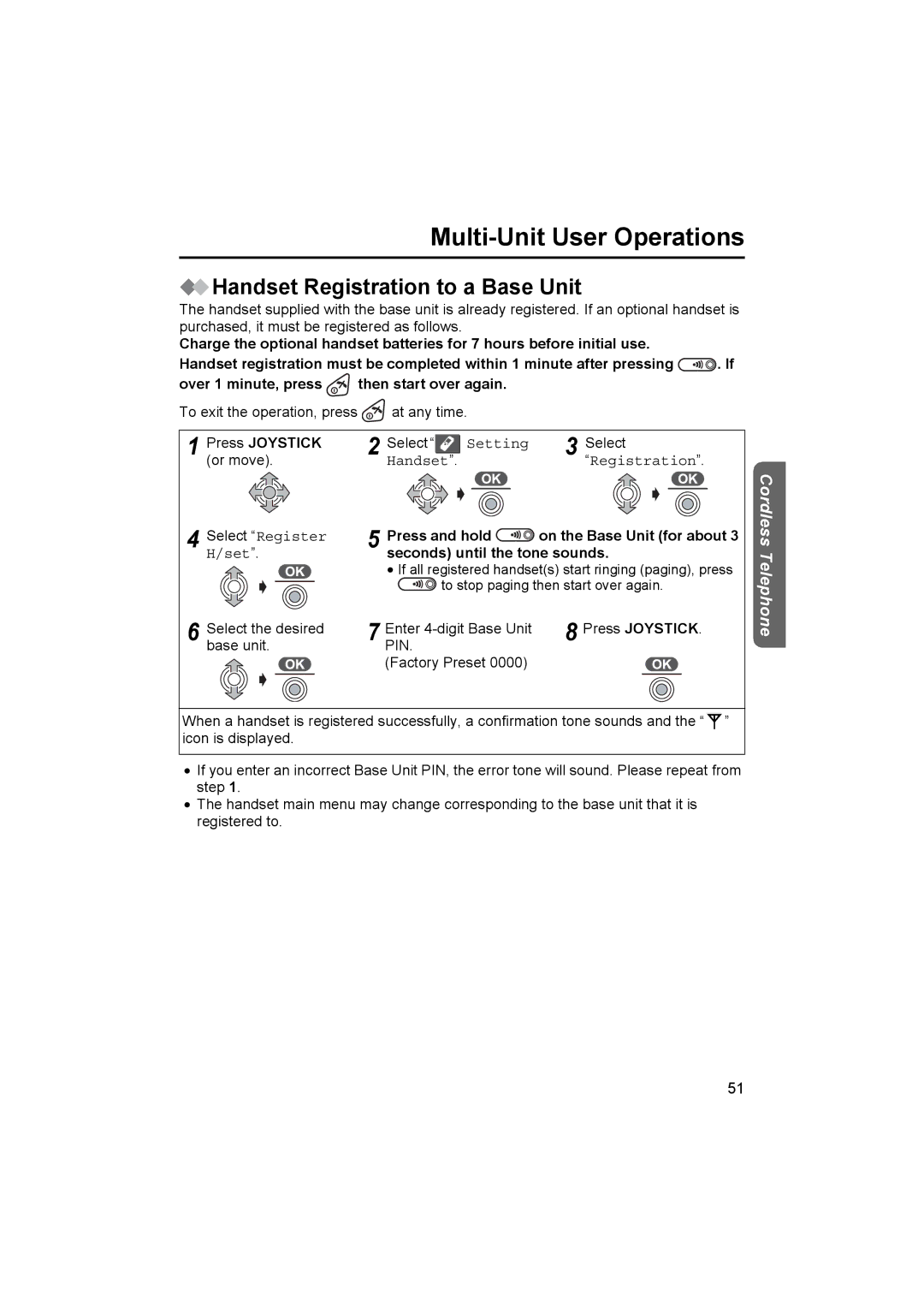 Panasonic KX-TCD510NZ operating instructions Handset Registration to a Base Unit, Press Joystick 