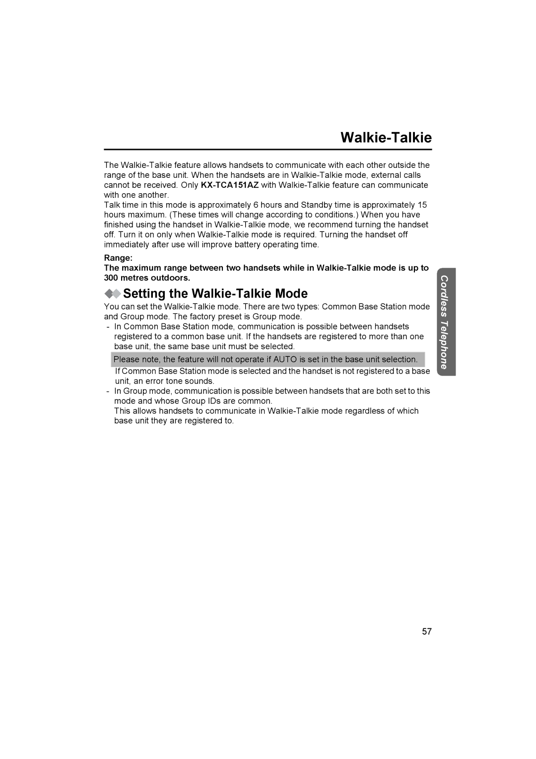 Panasonic KX-TCD510NZ operating instructions Setting the Walkie-Talkie Mode 