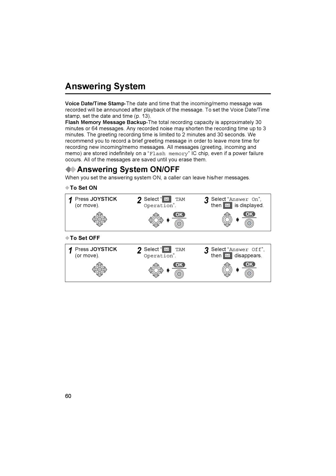 Panasonic KX-TCD510NZ Answering System ON/OFF, To Set on Press Joystick, To Set OFF Press Joystick 