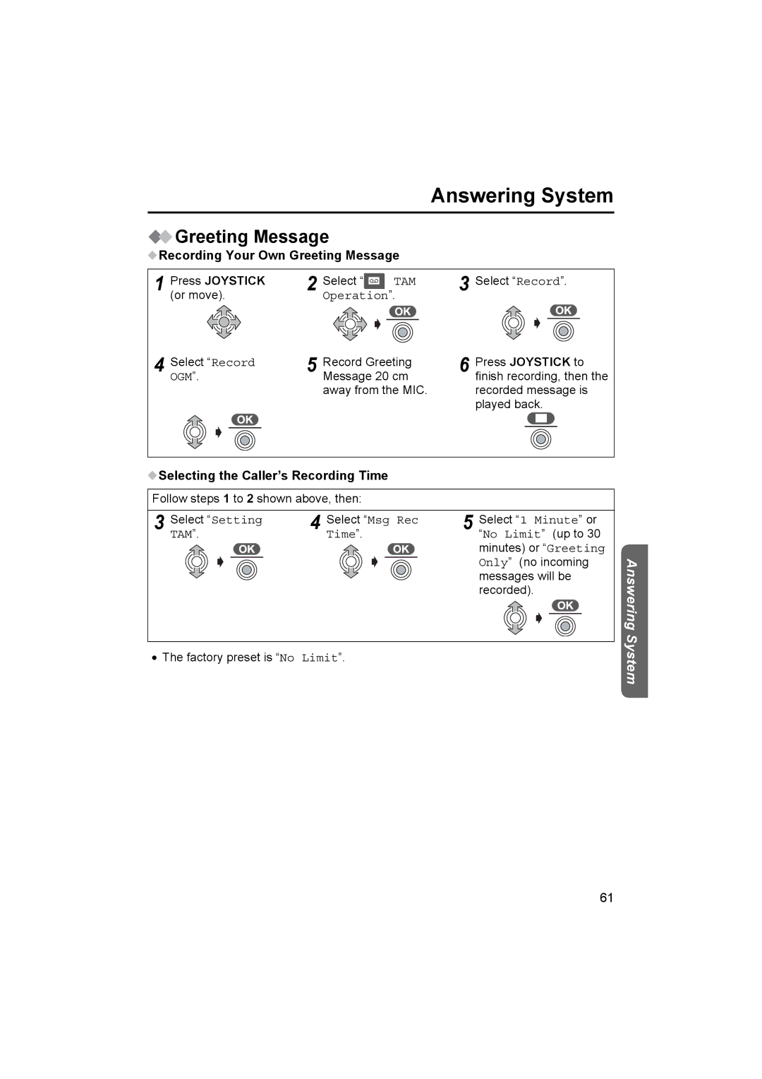 Panasonic KX-TCD510NZ Recording Your Own Greeting Message Press Joystick, Ogm, Selecting the Caller’s Recording Time 