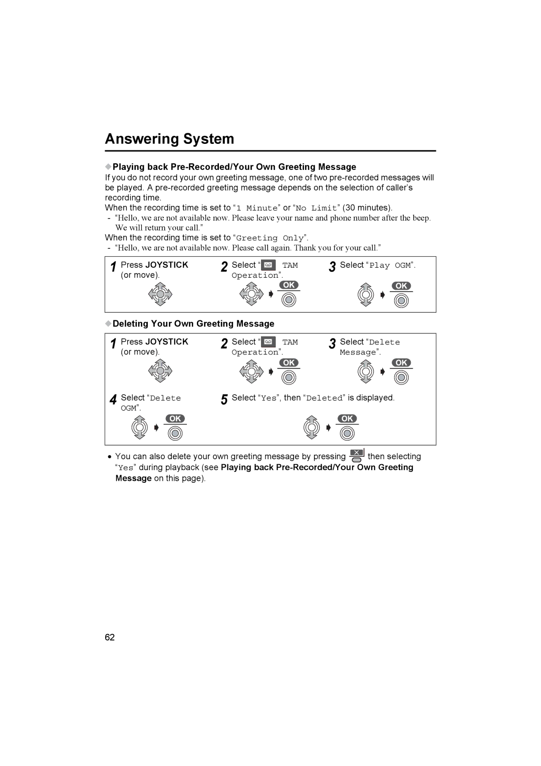 Panasonic KX-TCD510NZ operating instructions Playing back Pre-Recorded/Your Own Greeting Message, Operation Message 