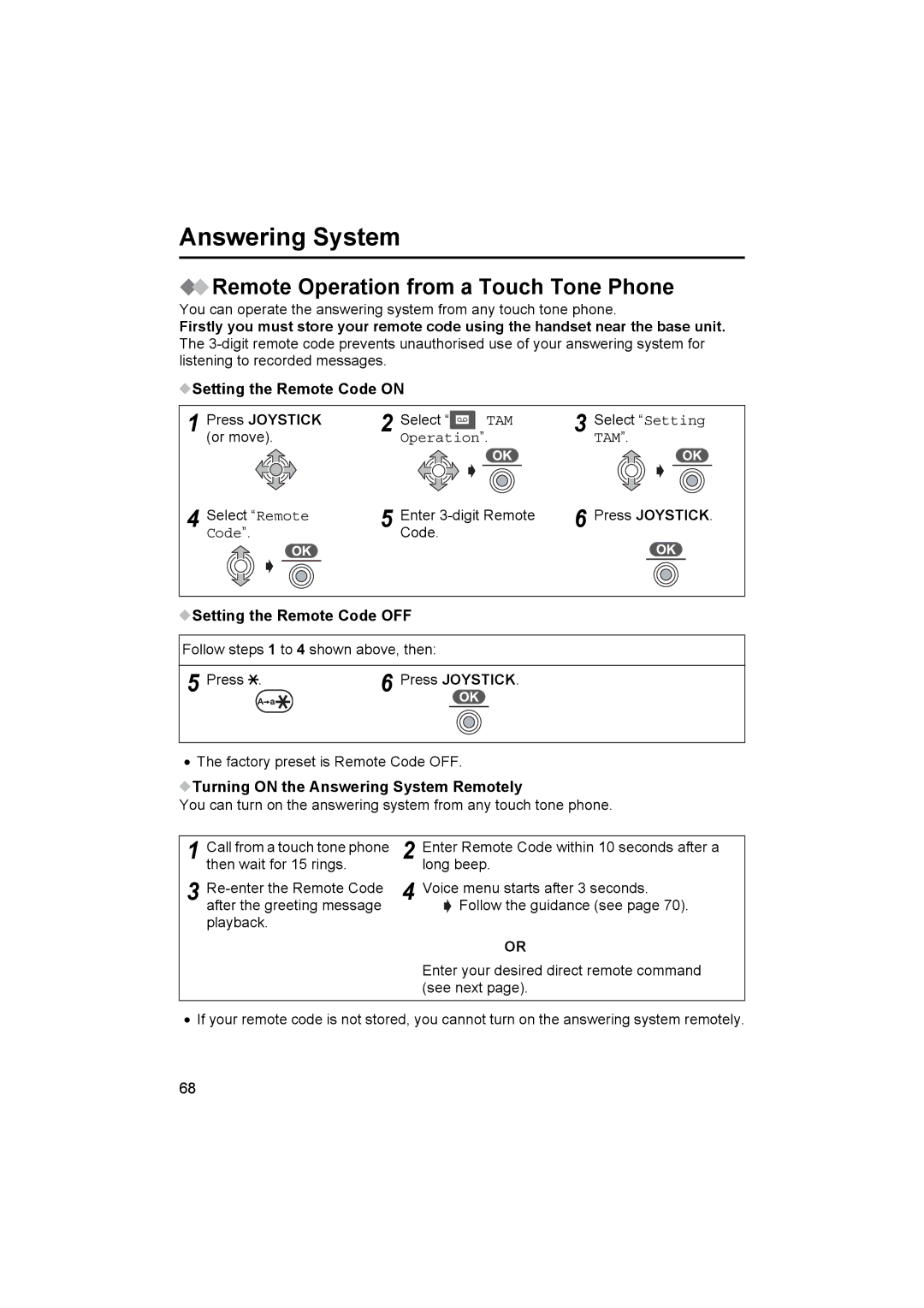 Panasonic KX-TCD510NZ operating instructions Remote Operation from a Touch Tone Phone, Setting the Remote Code OFF 