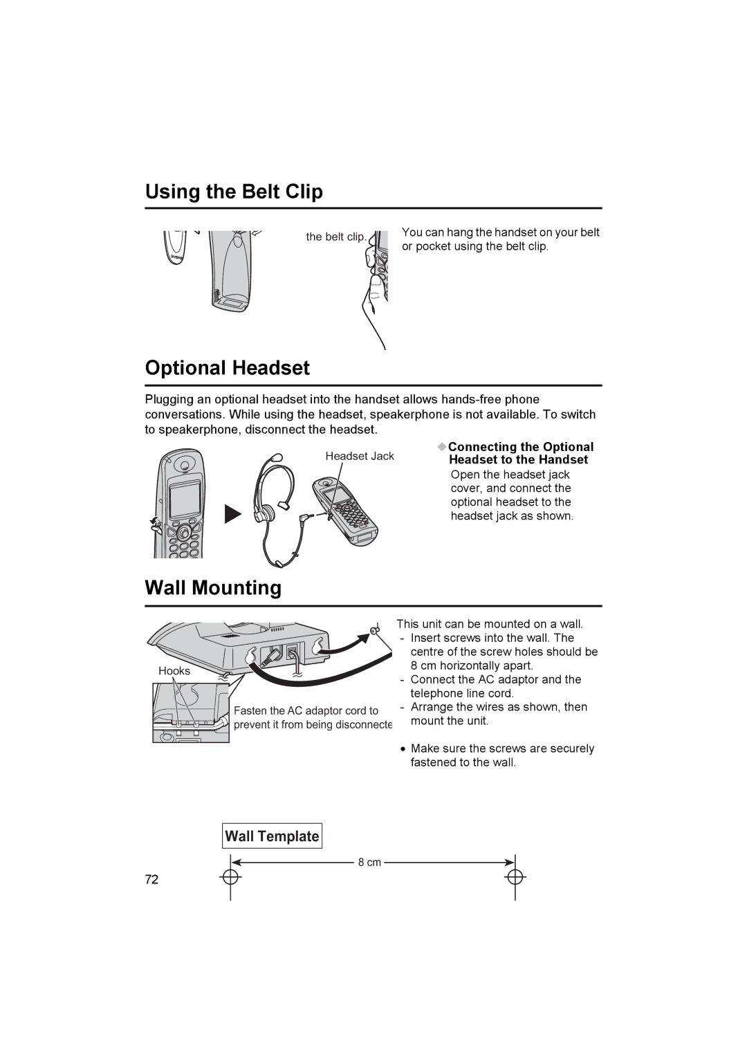 Panasonic KX-TCD510NZ operating instructions Using the Belt Clip, Optional Headset, Wall Mounting, Connecting the Optional 