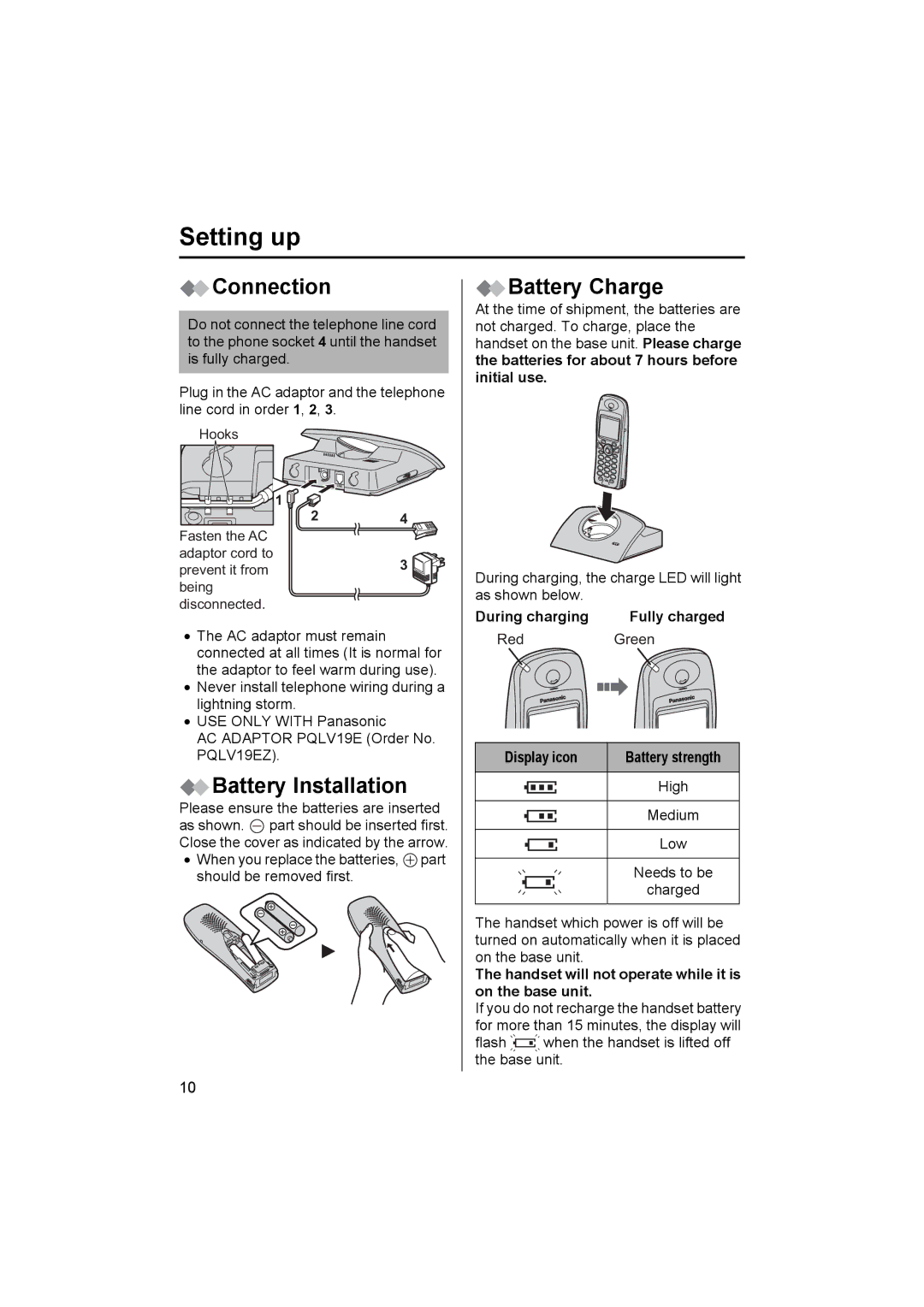 Panasonic KX-TCD515E operating instructions Setting up, Connection, Battery Installation, Battery Charge 