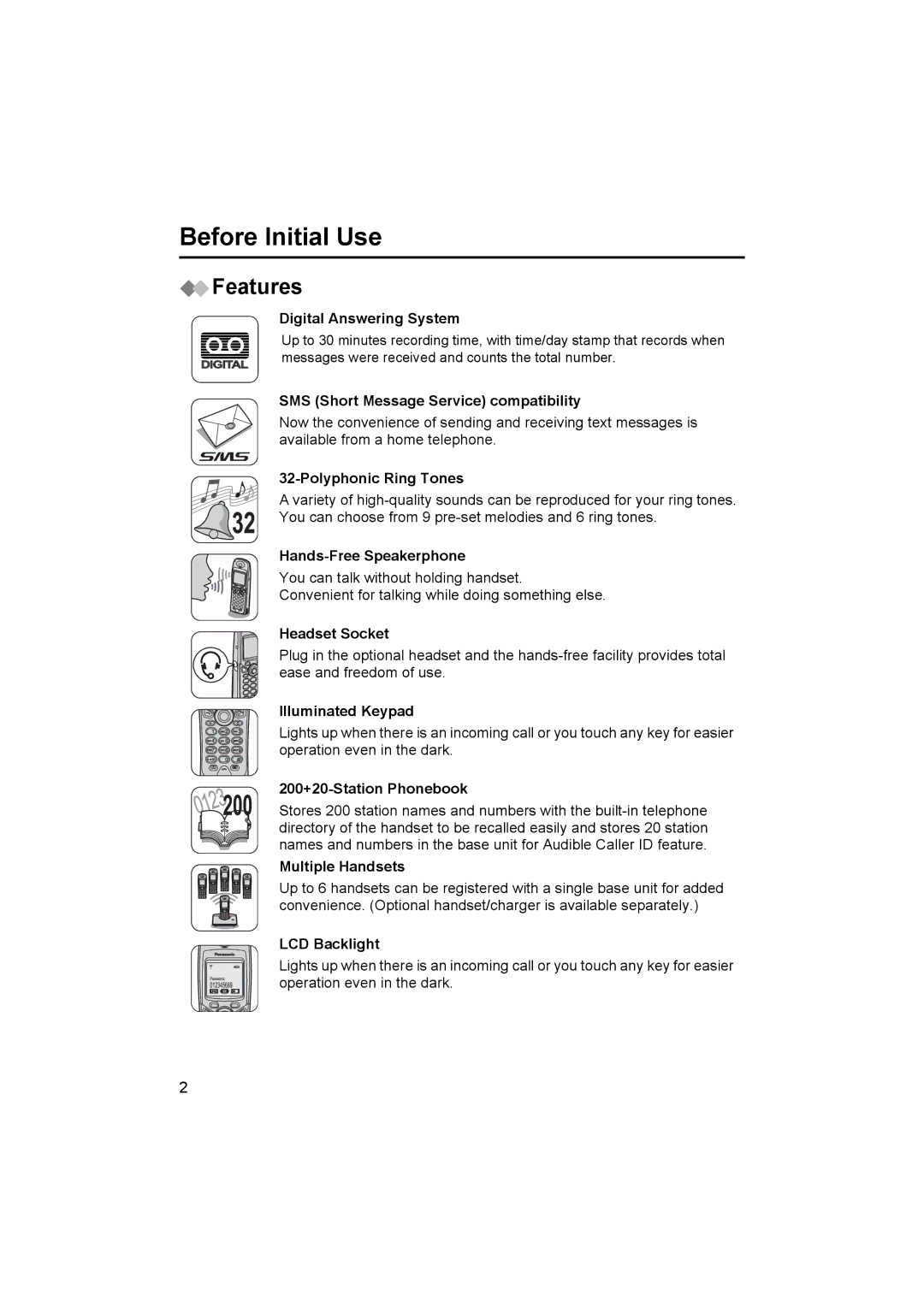 Panasonic KX-TCD515E operating instructions Before Initial Use, Features 