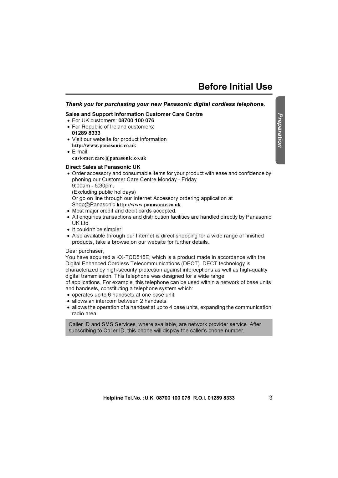 Panasonic KX-TCD515E Sales and Support Information Customer Care Centre, 01289, Direct Sales at Panasonic UK 