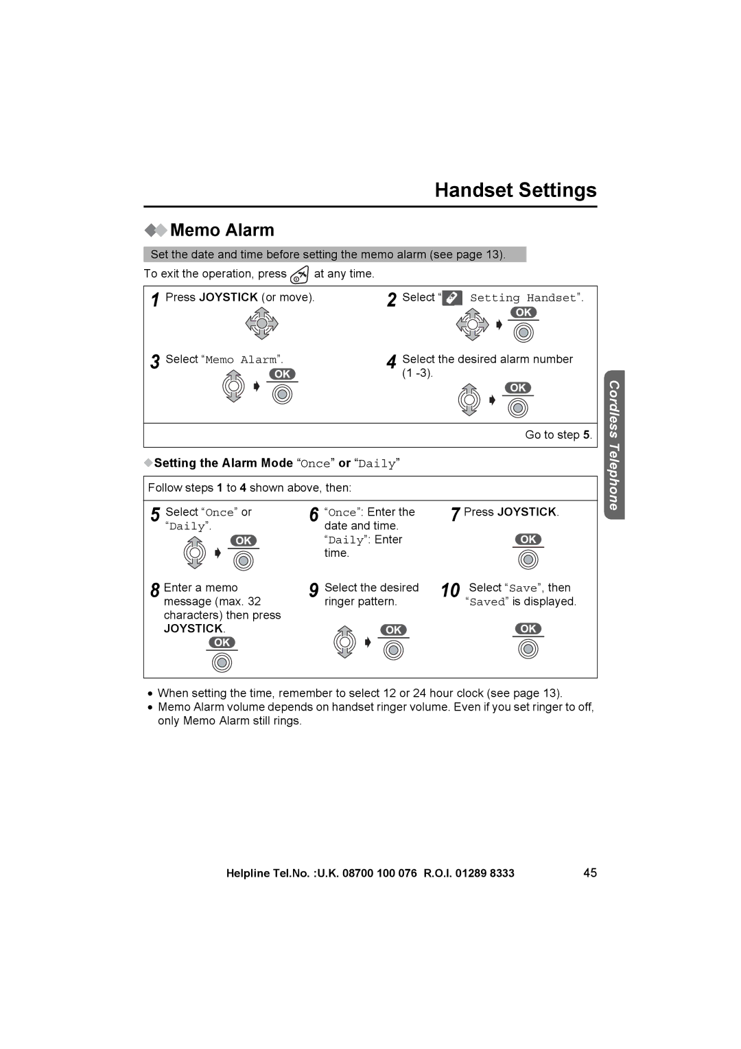 Panasonic KX-TCD515E operating instructions Handset Settings, Memo Alarm, Setting the Alarm Mode Once or Daily 