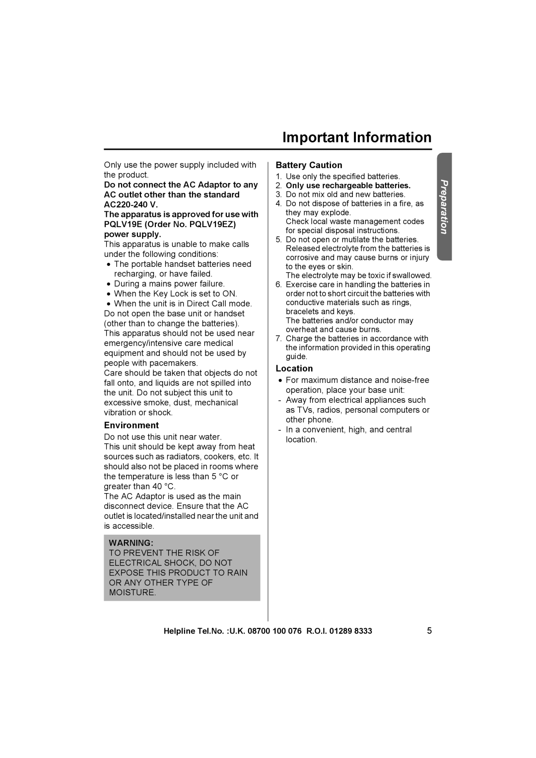 Panasonic KX-TCD515E operating instructions Important Information, Environment, Battery Caution, Location 