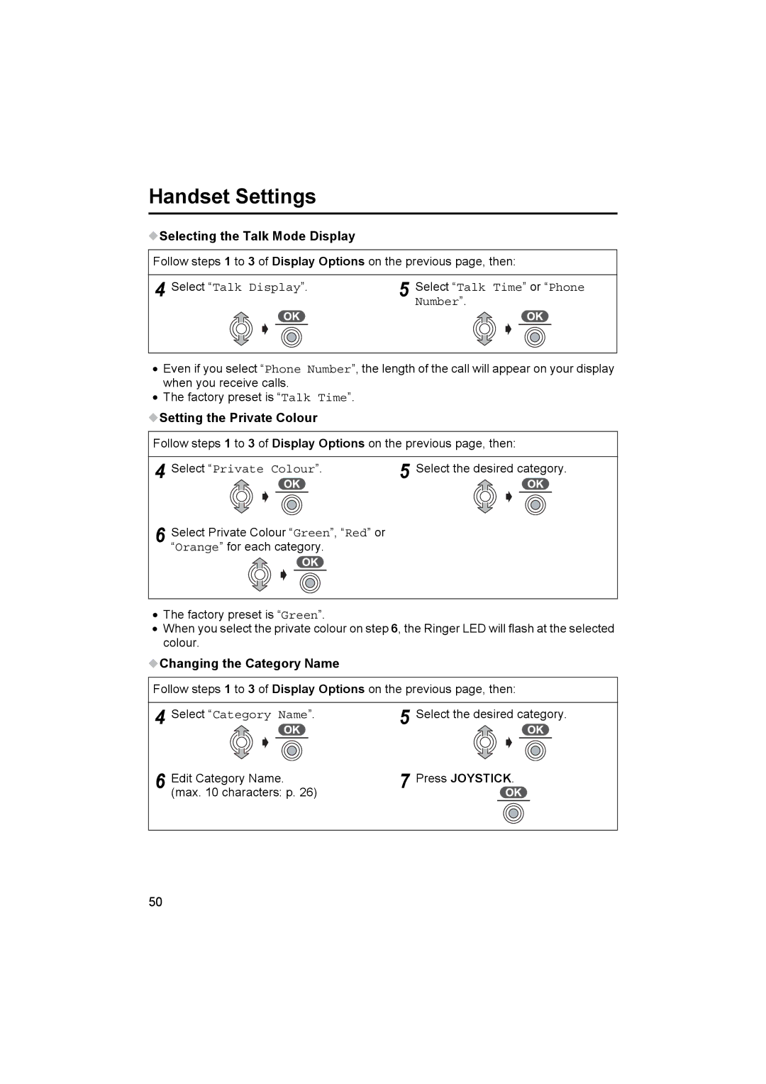 Panasonic KX-TCD515E Selecting the Talk Mode Display, Setting the Private Colour, Changing the Category Name 