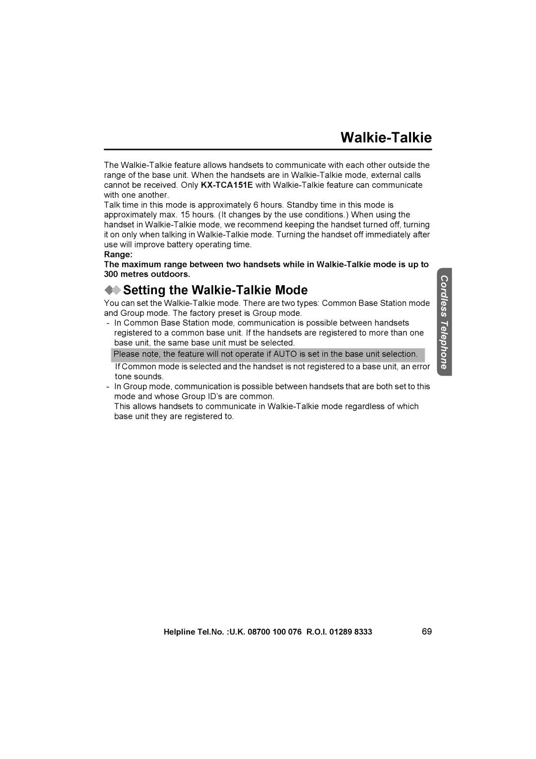 Panasonic KX-TCD515E operating instructions Setting the Walkie-Talkie Mode 