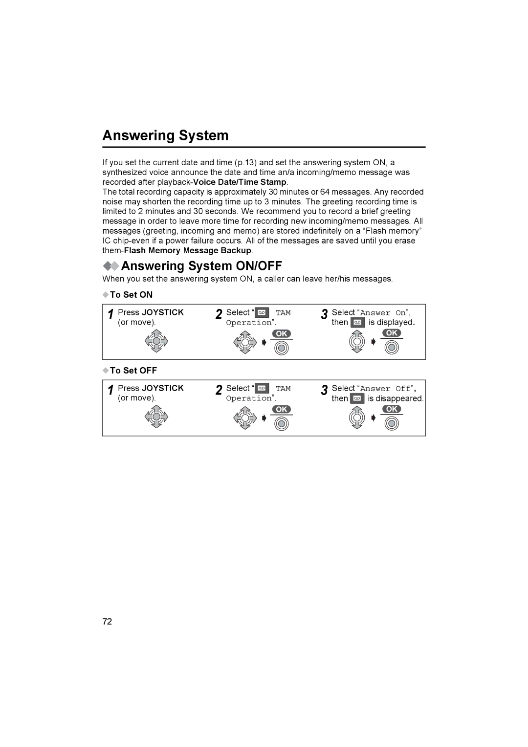 Panasonic KX-TCD515E Answering System ON/OFF, To Set on Press Joystick, To Set OFF Press Joystick 