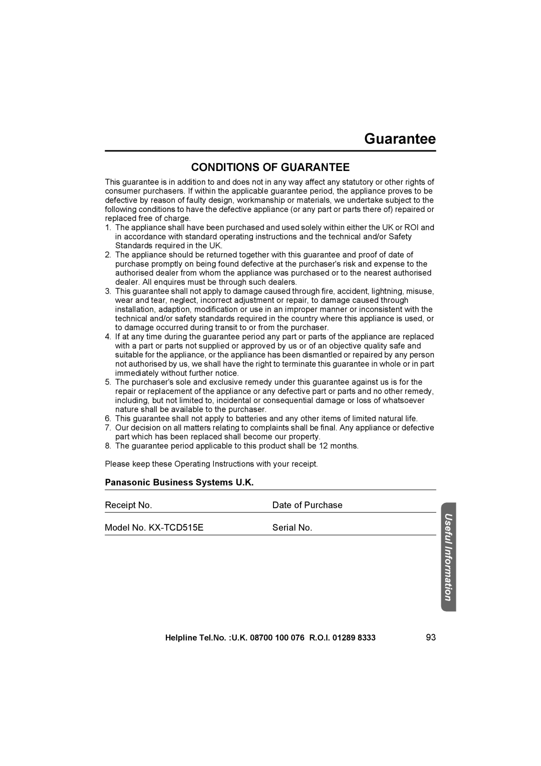 Panasonic KX-TCD515E operating instructions Guarantee, Panasonic Business Systems U.K 